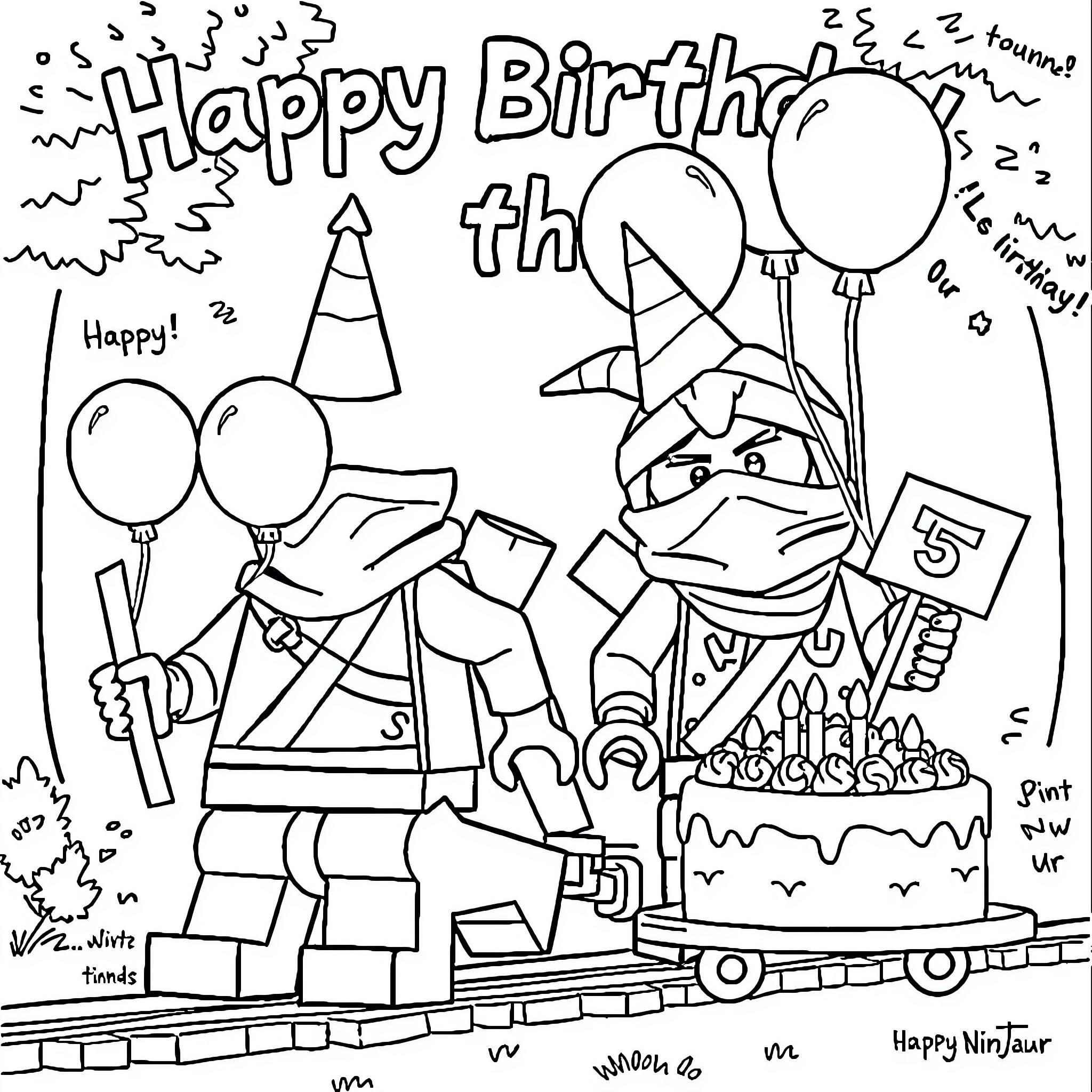 Ninjago characters celebrate a birthday party Coloring Page (free black-and-white line drawing printable PDF for all, from beginners to advanced learners, including children, teens, adults, and seniors)