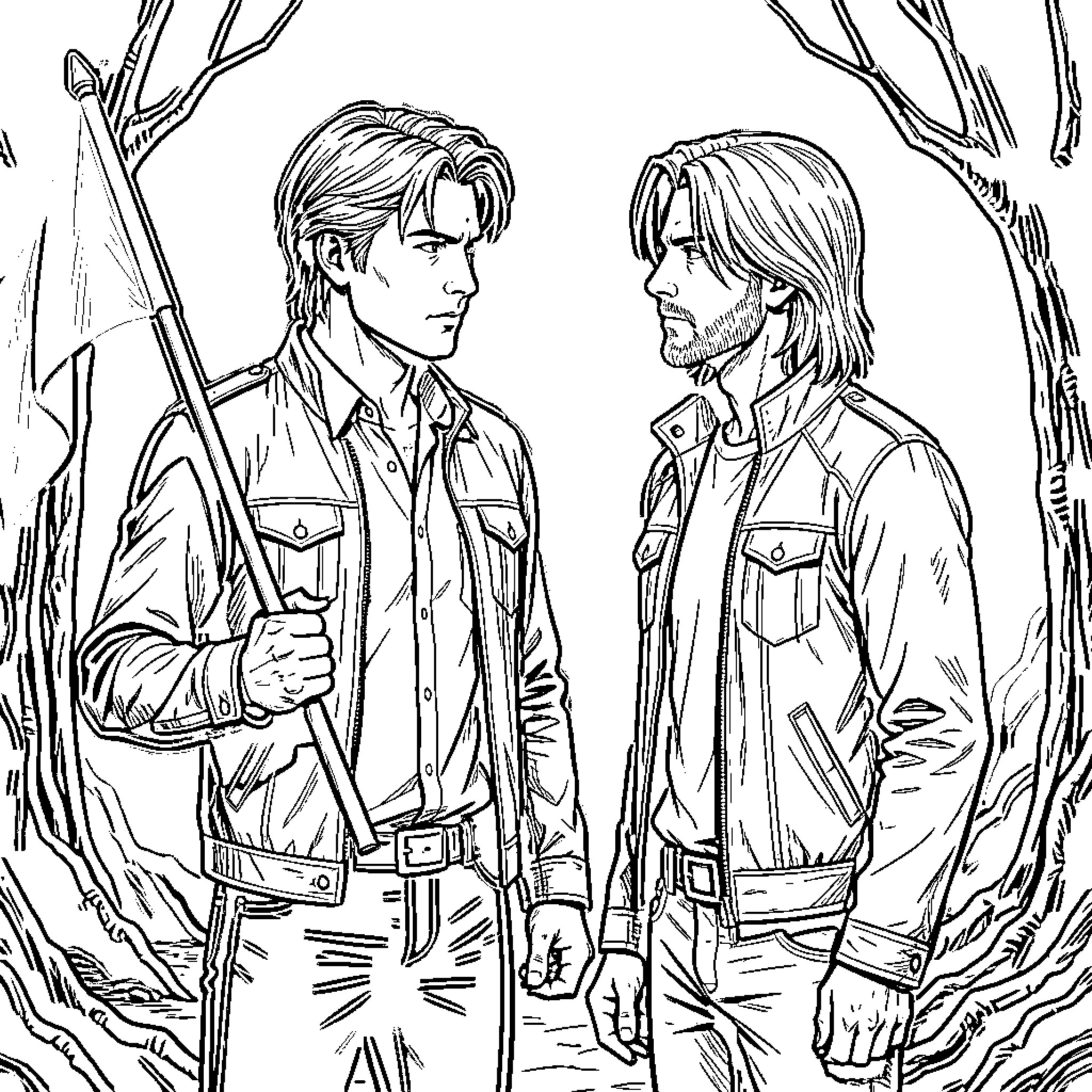 Dean Winchester standing intensely with another man Coloring Page (free black-and-white line drawing printable PDF for all, from beginners to advanced learners, including children, teens, adults, and seniors)