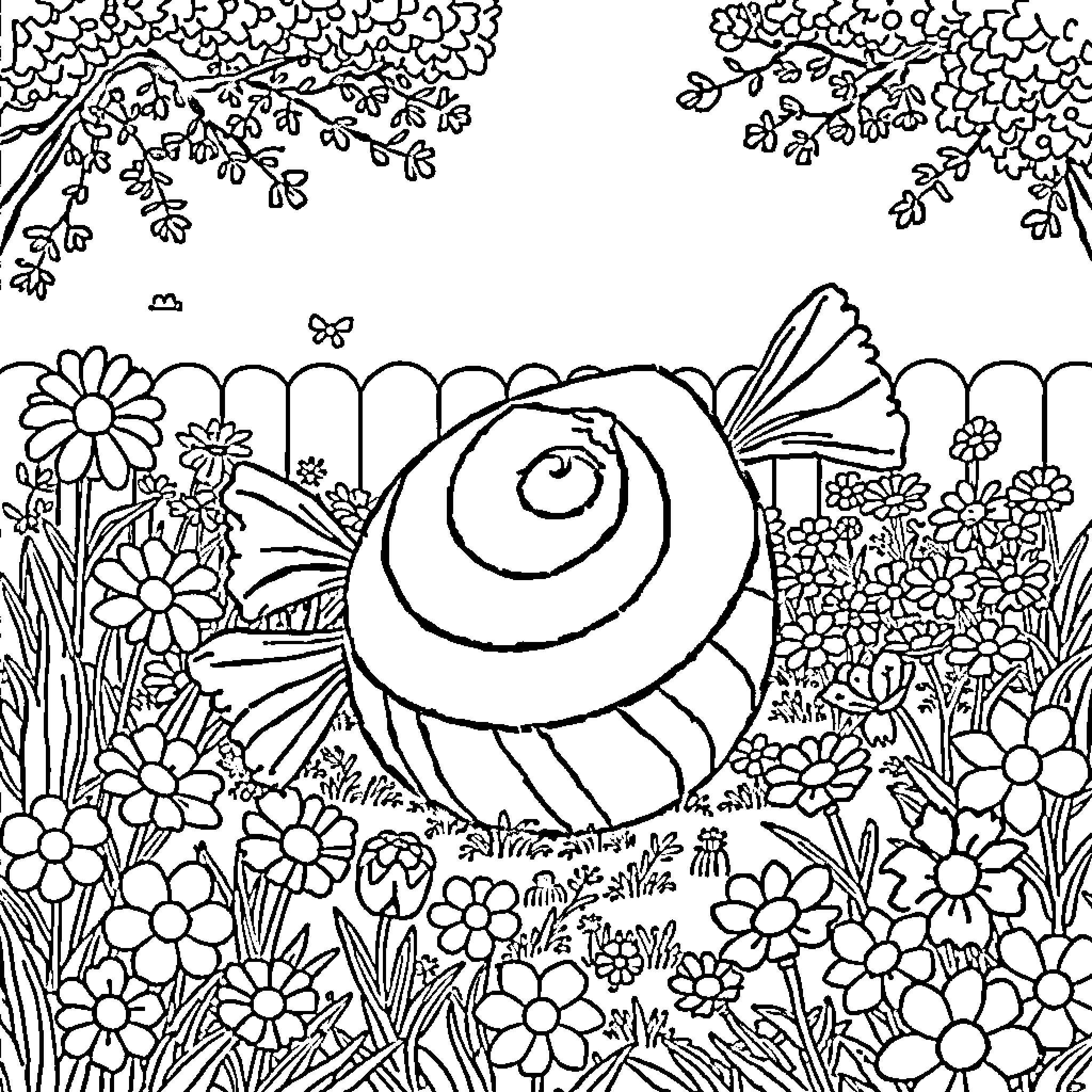 Giant Whimsical Flower Garden with Mysterious Creature Coloring Page (free black-and-white line drawing printable PDF for all, from beginners to advanced learners, including children, teens, adults, and seniors)
