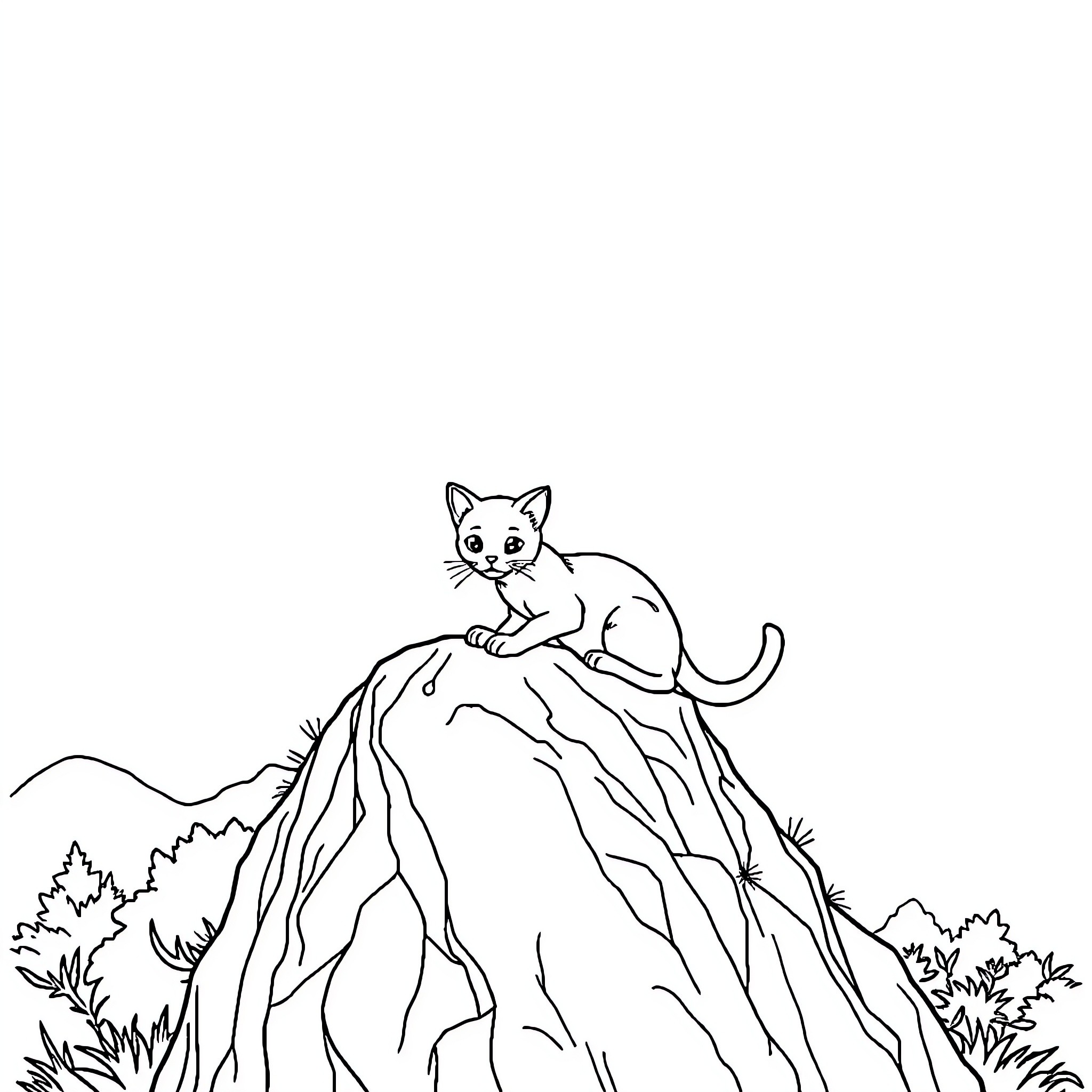 Gato exploring the mountainous terrain Coloring Page (free black-and-white line drawing printable PDF for all, from beginners to advanced learners, including children, teens, adults, and seniors)