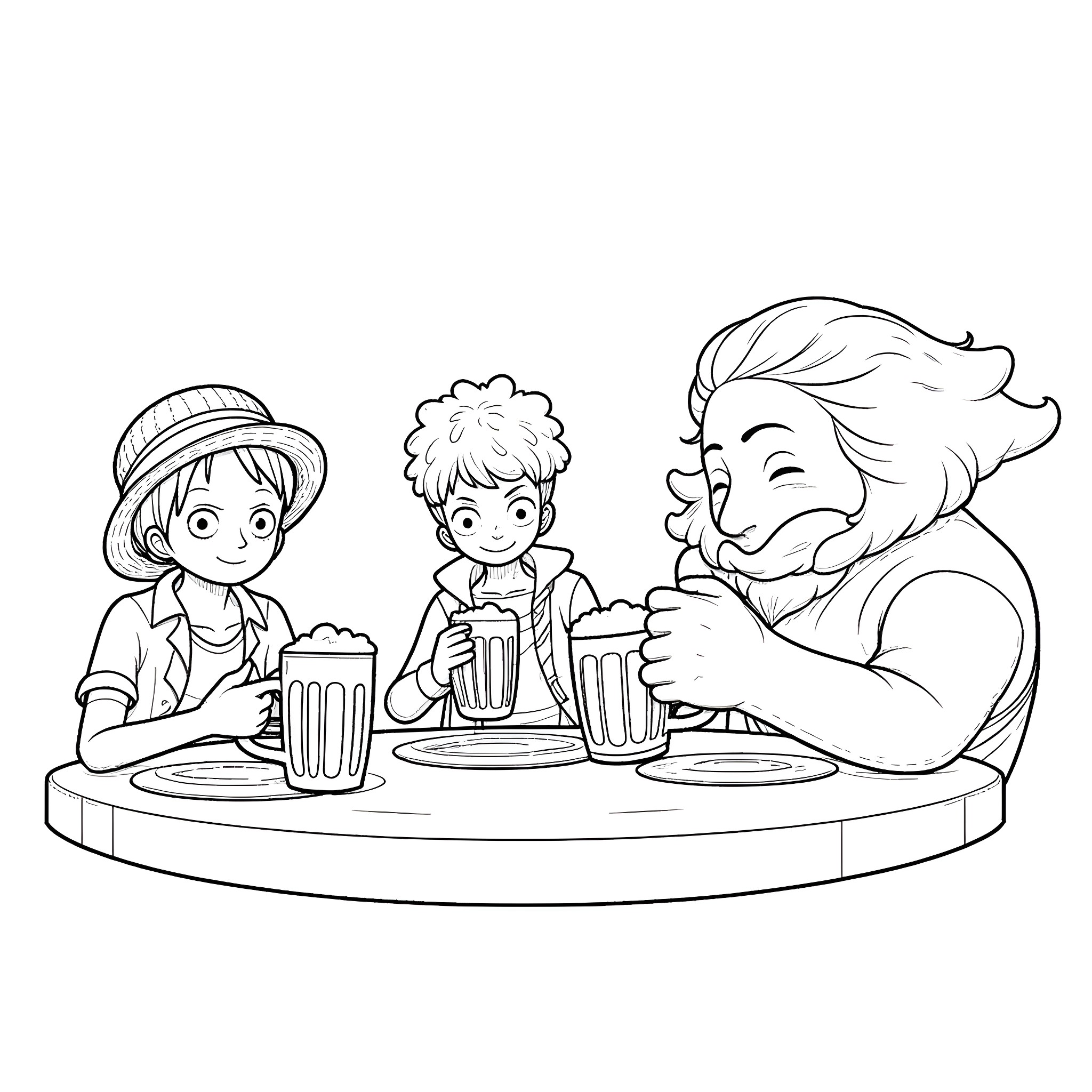One Piece Characters Enjoying Drinks at the Bar Coloring Page (free black-and-white line drawing printable PDF for all, from beginners to advanced learners, including children, teens, adults, and seniors)