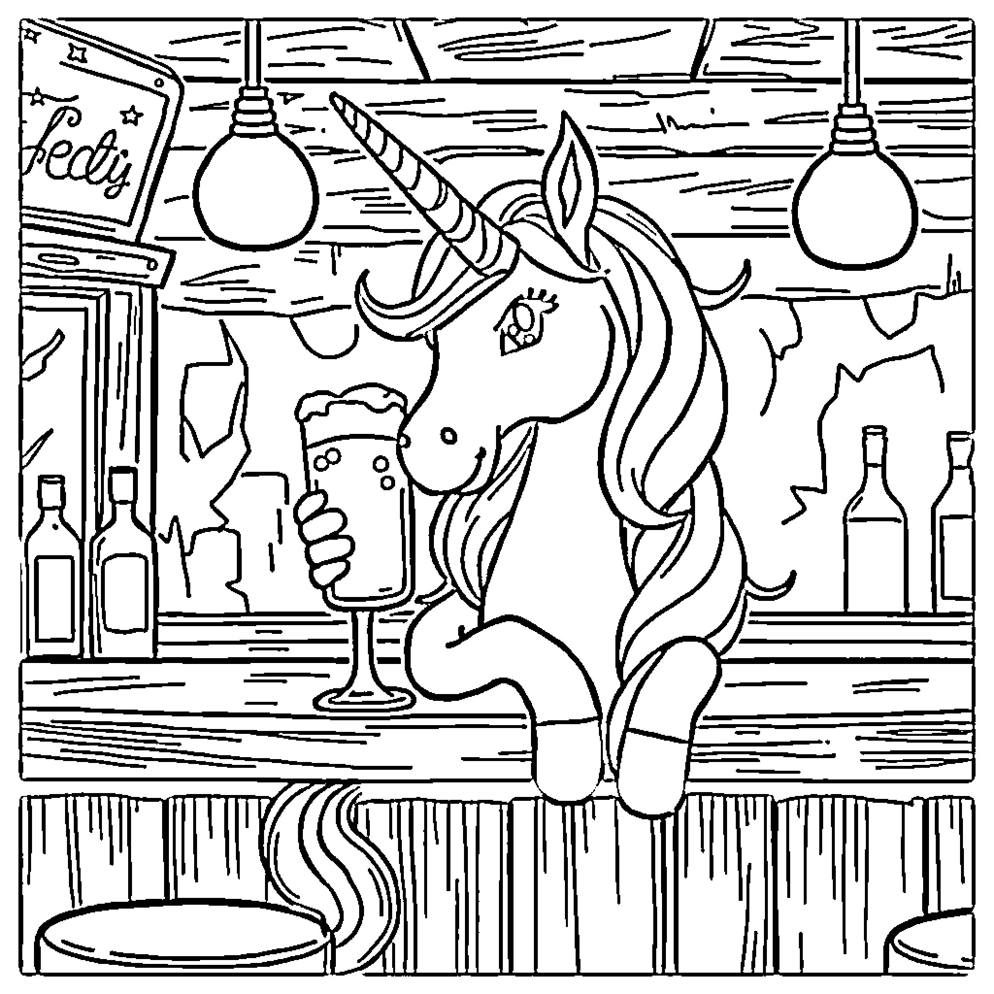 Unicorn enjoying a night at the bar Coloring Page (free black-and-white line drawing printable PDF for all, from beginners to advanced learners, including children, teens, adults, and seniors)