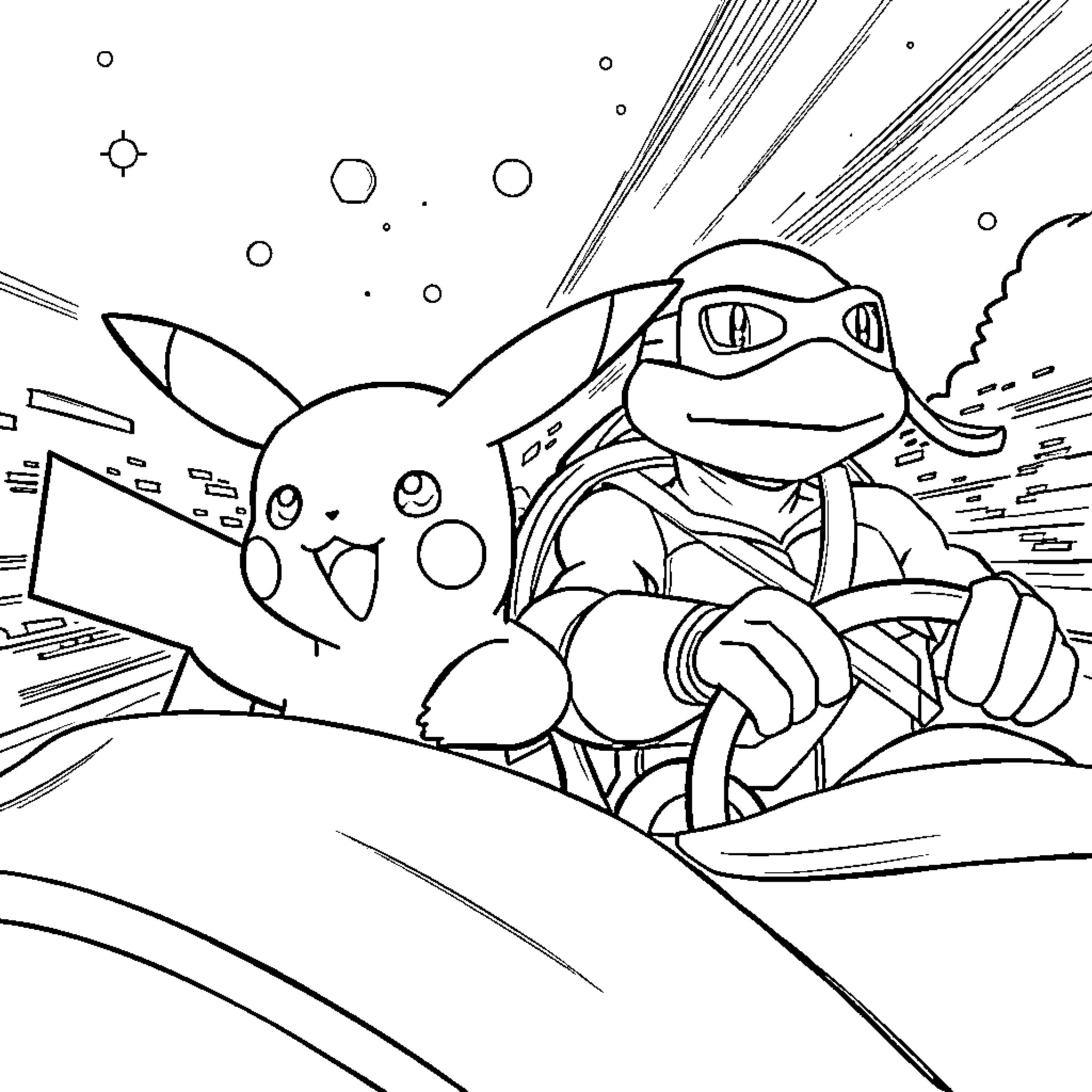 Pikachu and Turtle Hero in Galactic Adventure Coloring Page (free black-and-white line drawing printable PDF for all, from beginners to advanced learners, including children, teens, adults, and seniors)