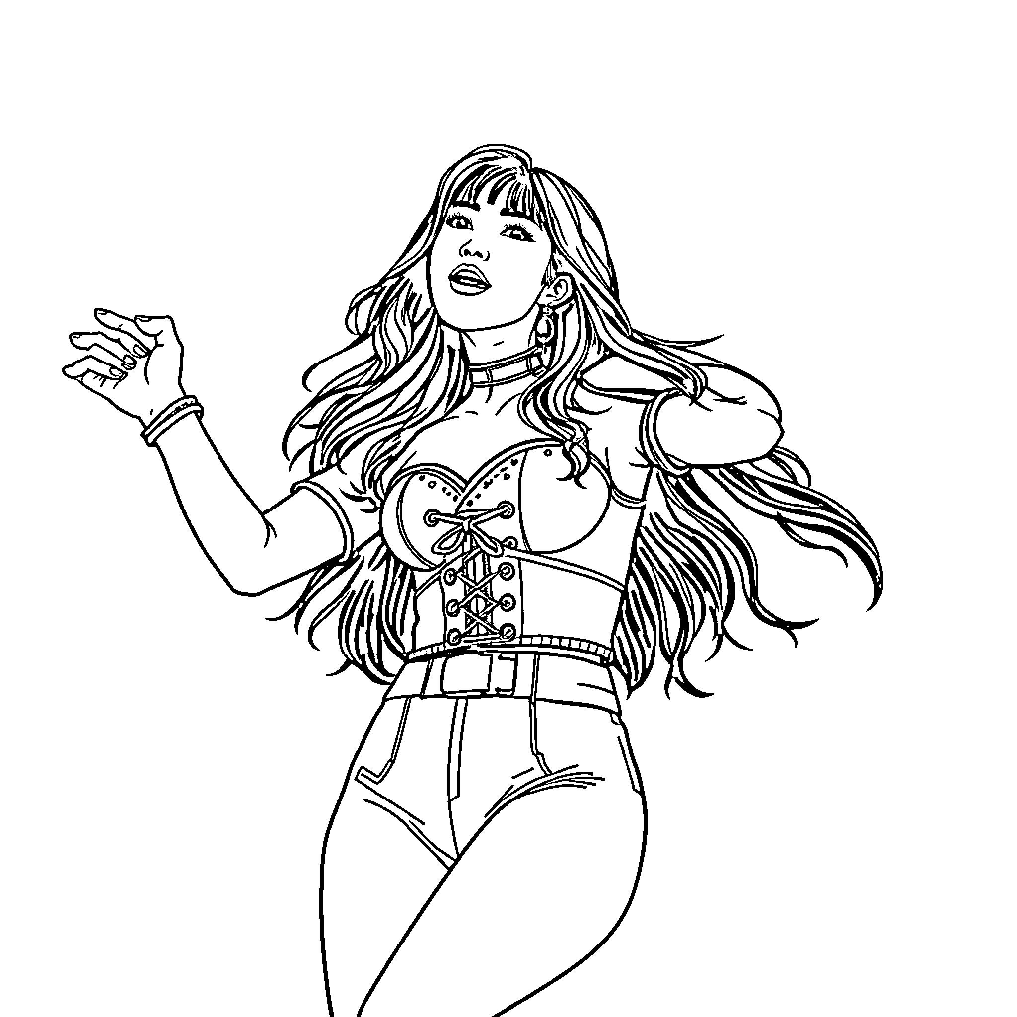 Guerrera in Action with Flowing Attire Coloring Page (free black-and-white line drawing printable PDF for all, from beginners to advanced learners, including children, teens, adults, and seniors)