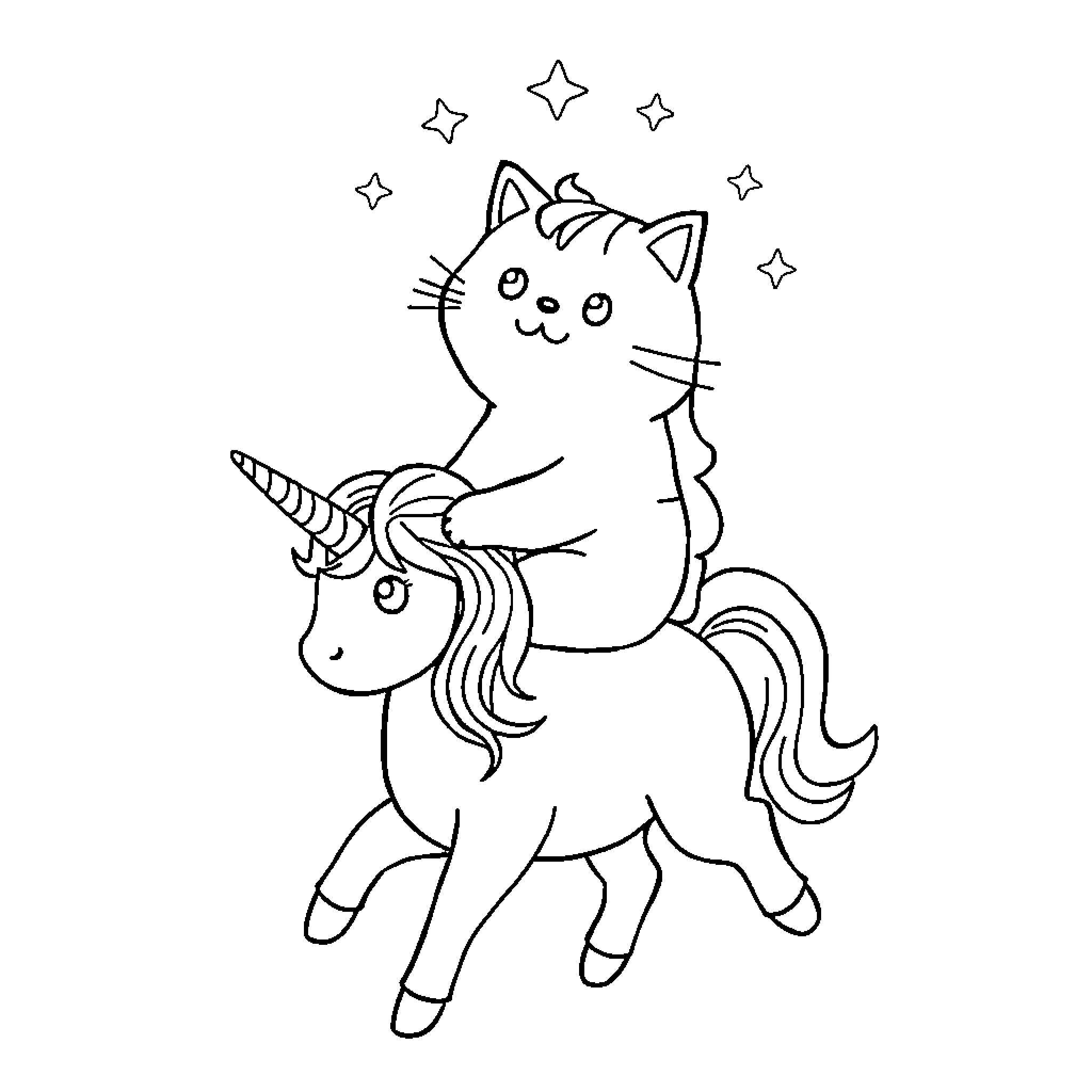 Pusheen riding a magical unicorn with stars Coloring Page (free black-and-white line drawing printable PDF for all, from beginners to advanced learners, including children, teens, adults, and seniors)