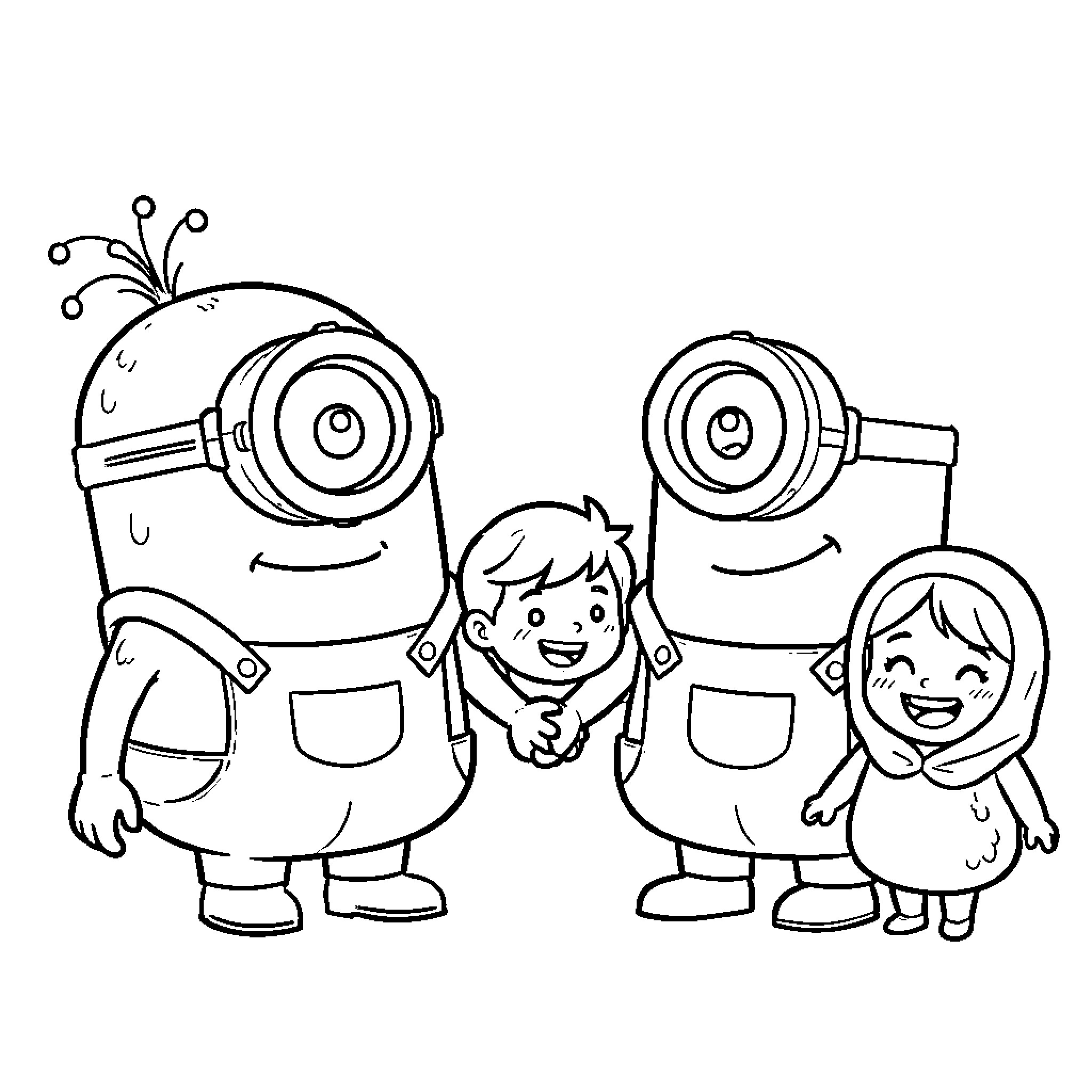 Minion characters posing with smiling children Coloring Page (free black-and-white line drawing printable PDF for all, from beginners to advanced learners, including children, teens, adults, and seniors)