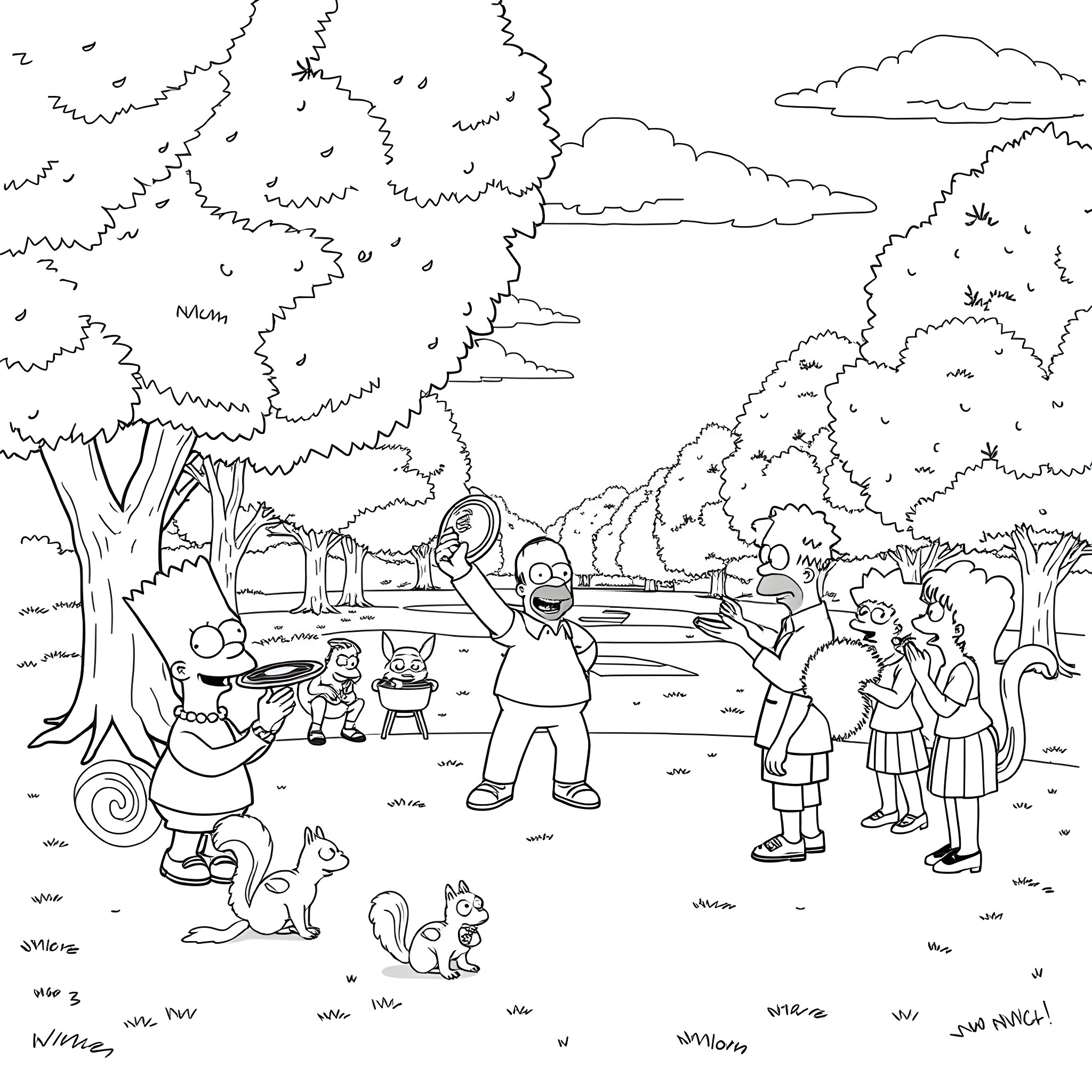 Simpsons family enjoying outdoor activities in the park Coloring Page (free black-and-white line drawing printable PDF for all, from beginners to advanced learners, including children, teens, adults, and seniors)