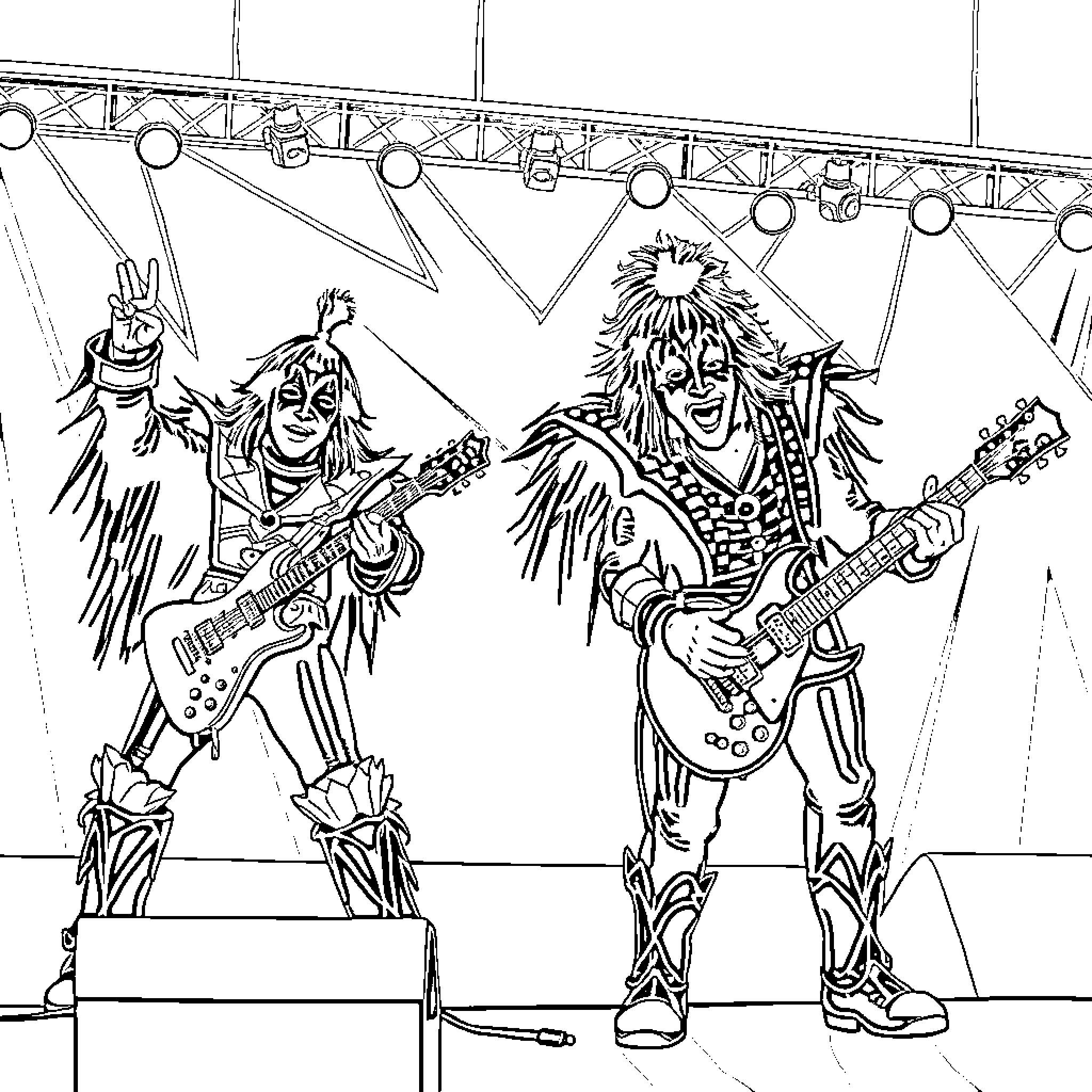 Kiss on Stage: Rocking Duo Performing Coloring Page (free black-and-white line drawing printable PDF for all, from beginners to advanced learners, including children, teens, adults, and seniors)