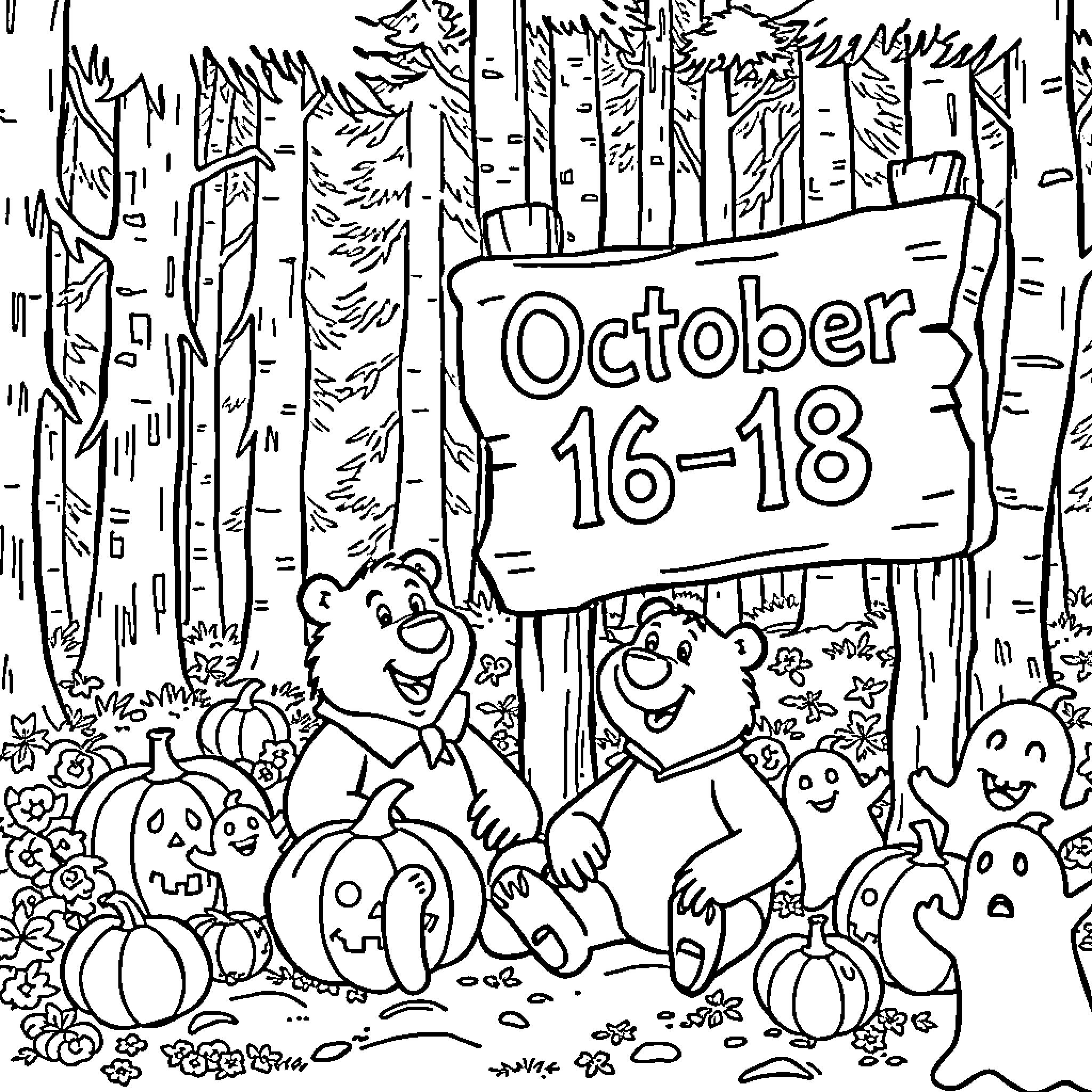 Yogi Bear and friends celebrate October 16-18 in the forest Coloring Page (free black-and-white line drawing printable PDF for all, from beginners to advanced learners, including children, teens, adults, and seniors)