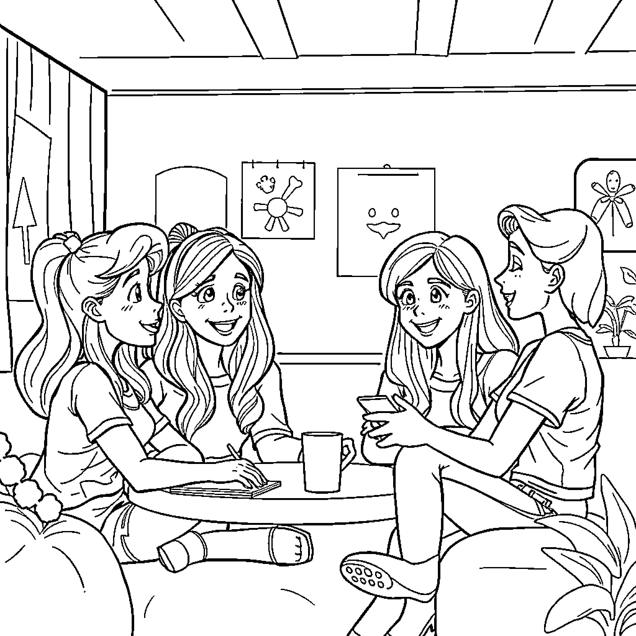 Gabby's Cheerful Gathering with Friends Coloring Page (free black-and-white line drawing printable PDF for all, from beginners to advanced learners, including children, teens, adults, and seniors)