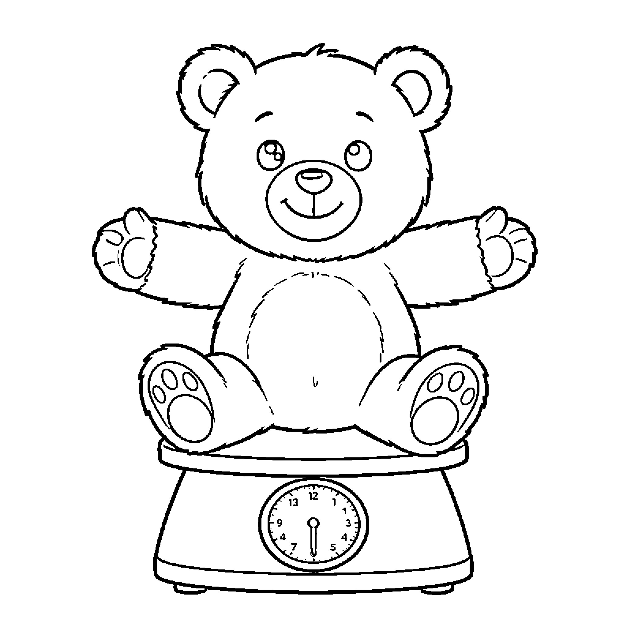 Teddy Bear sitting on a weighing scale Coloring Page (free black-and-white line drawing printable PDF for all, from beginners to advanced learners, including children, teens, adults, and seniors)