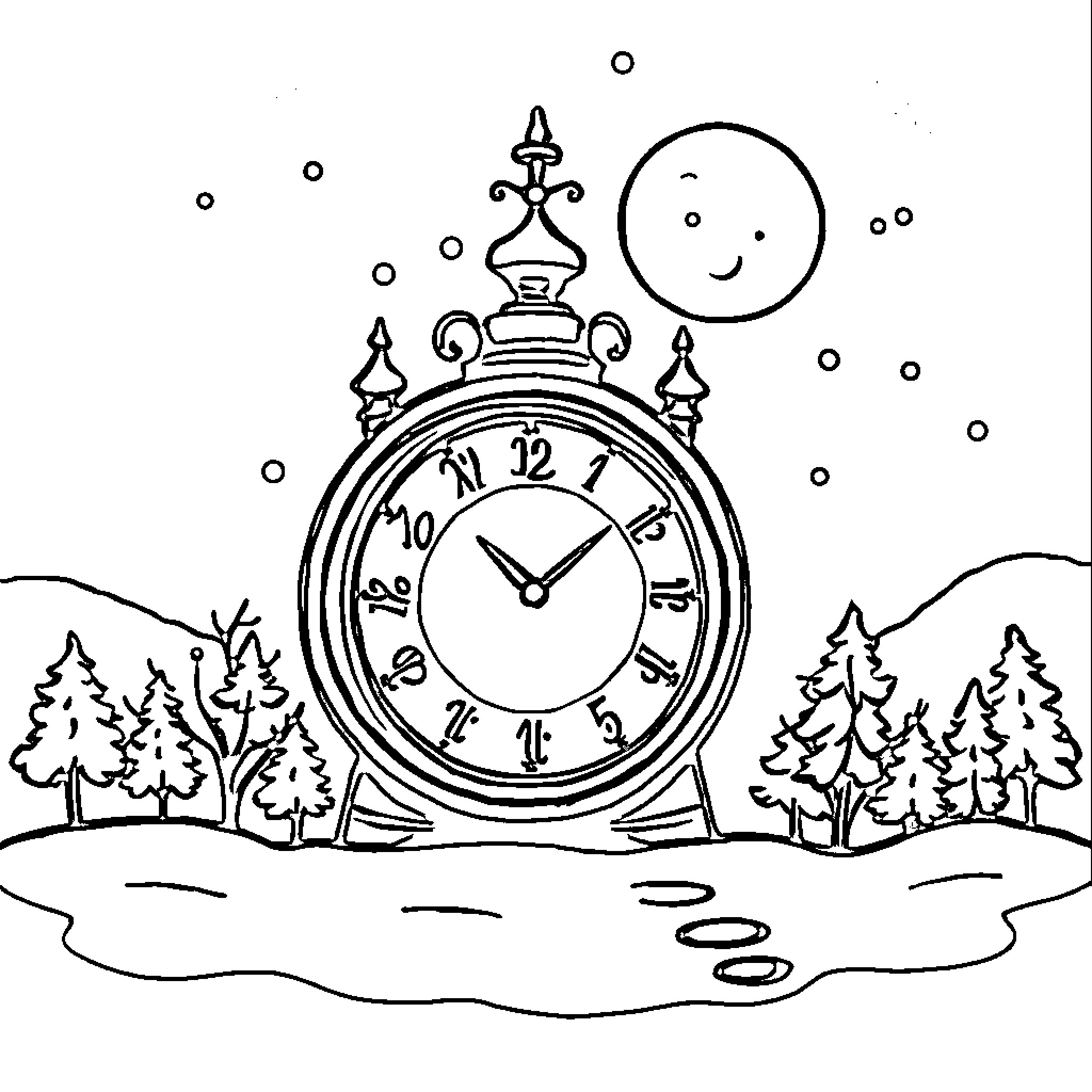 Time Passes in the Enchanted Forest Coloring Page (free black-and-white line drawing printable PDF for all, from beginners to advanced learners, including children, teens, adults, and seniors)