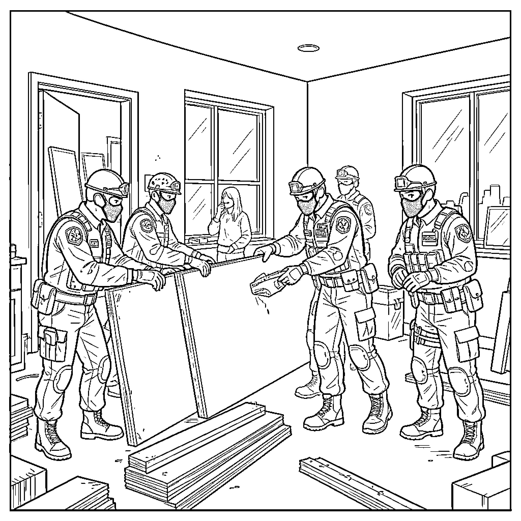 Ice Agent Group Carries Stretcher Coloring Page (free black-and-white line drawing printable PDF for all, from beginners to advanced learners, including children, teens, adults, and seniors)