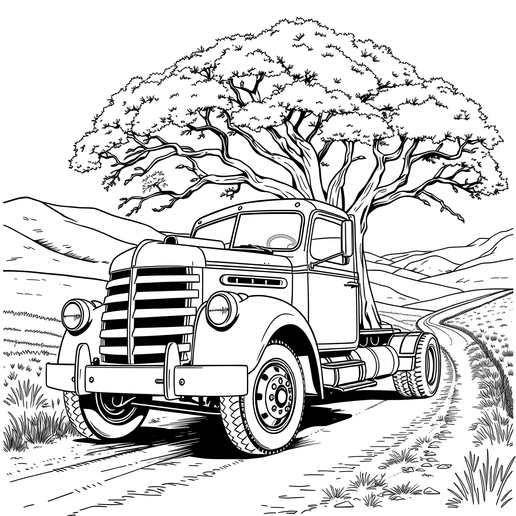 Truck parked under shady tree in countryside Coloring Page (free black-and-white line drawing printable PDF for all, from beginners to advanced learners, including children, teens, adults, and seniors)