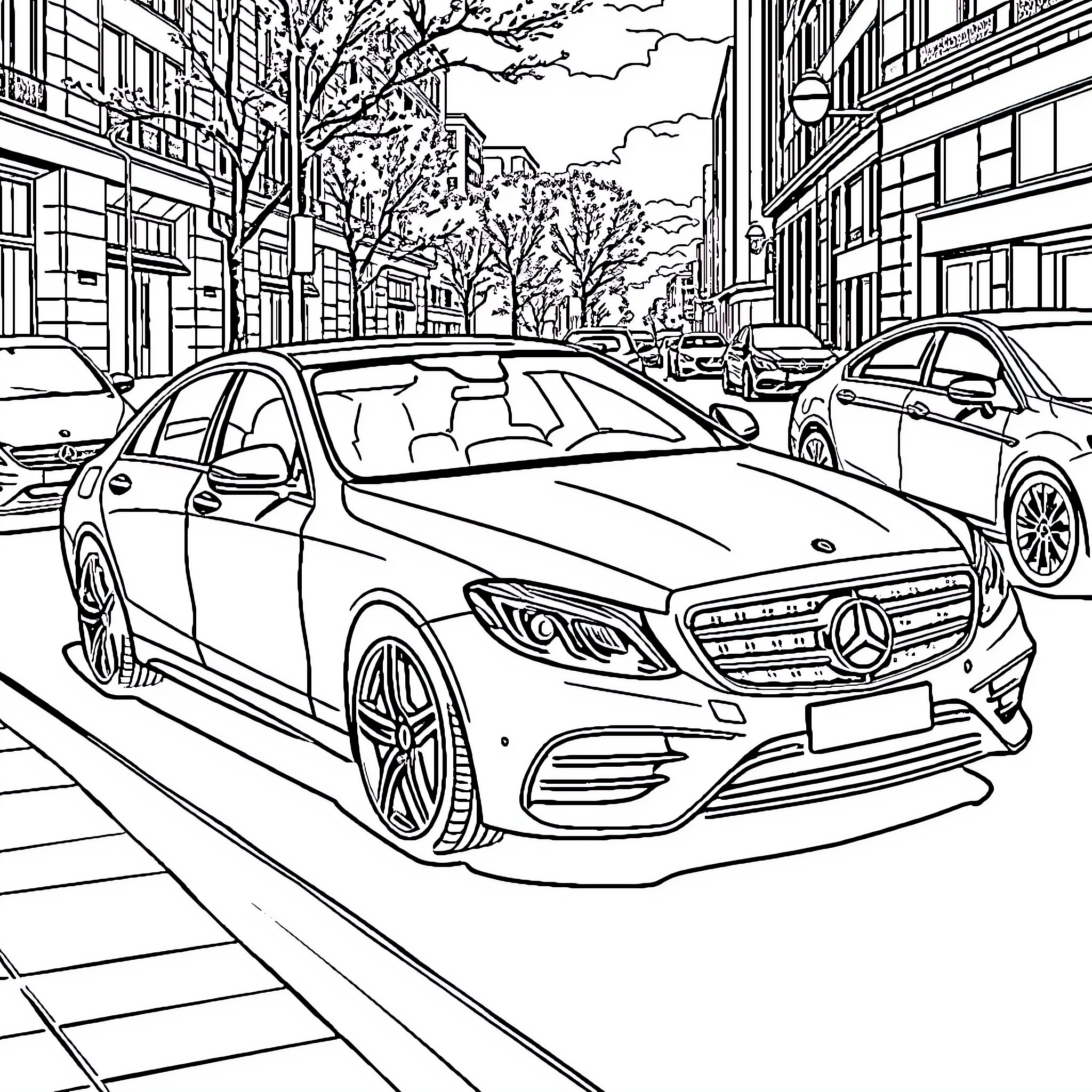 Mercedes cars on city street in autumn Coloring Page (free black-and-white line drawing printable PDF for all, from beginners to advanced learners, including children, teens, adults, and seniors)