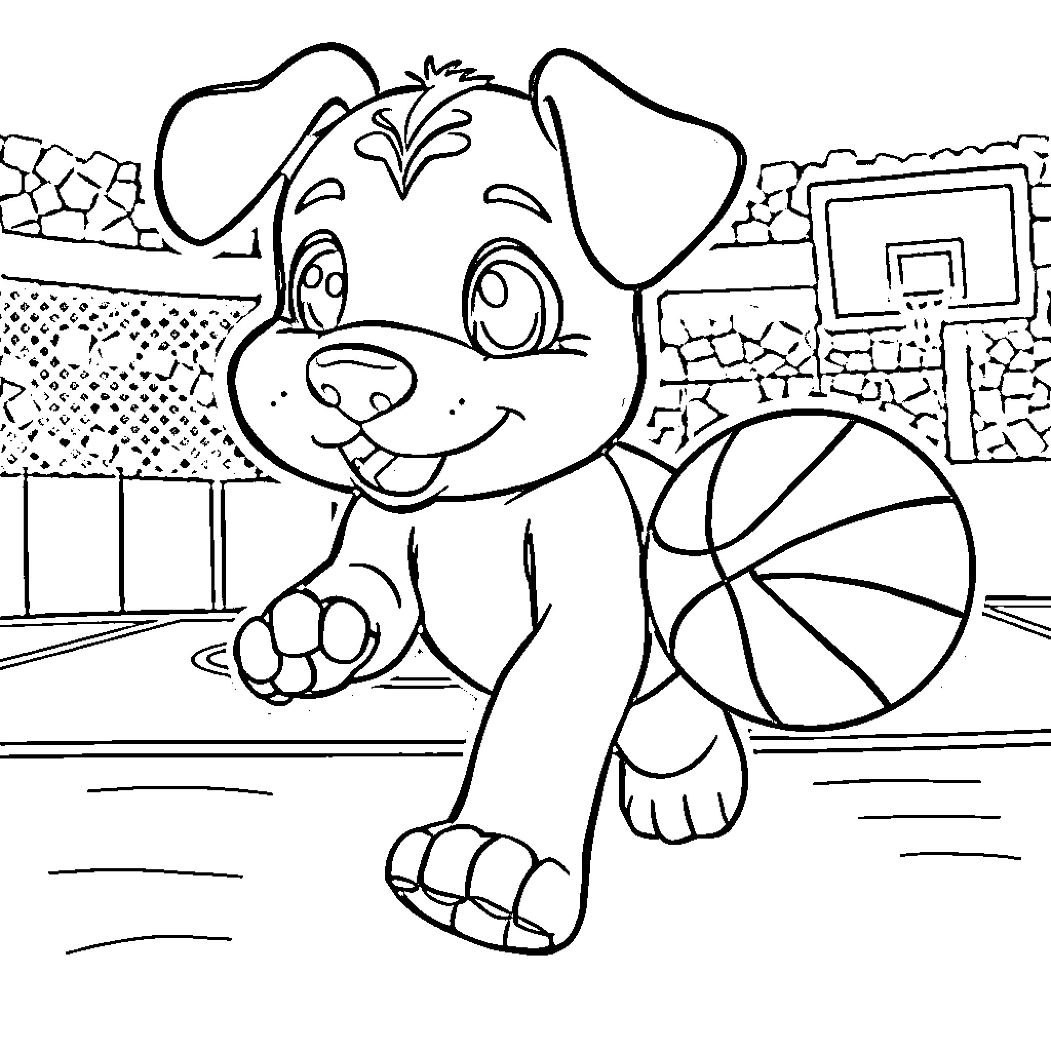 Bluey puppy playing with basketball on court Coloring Page (free black-and-white line drawing printable PDF for all, from beginners to advanced learners, including children, teens, adults, and seniors)