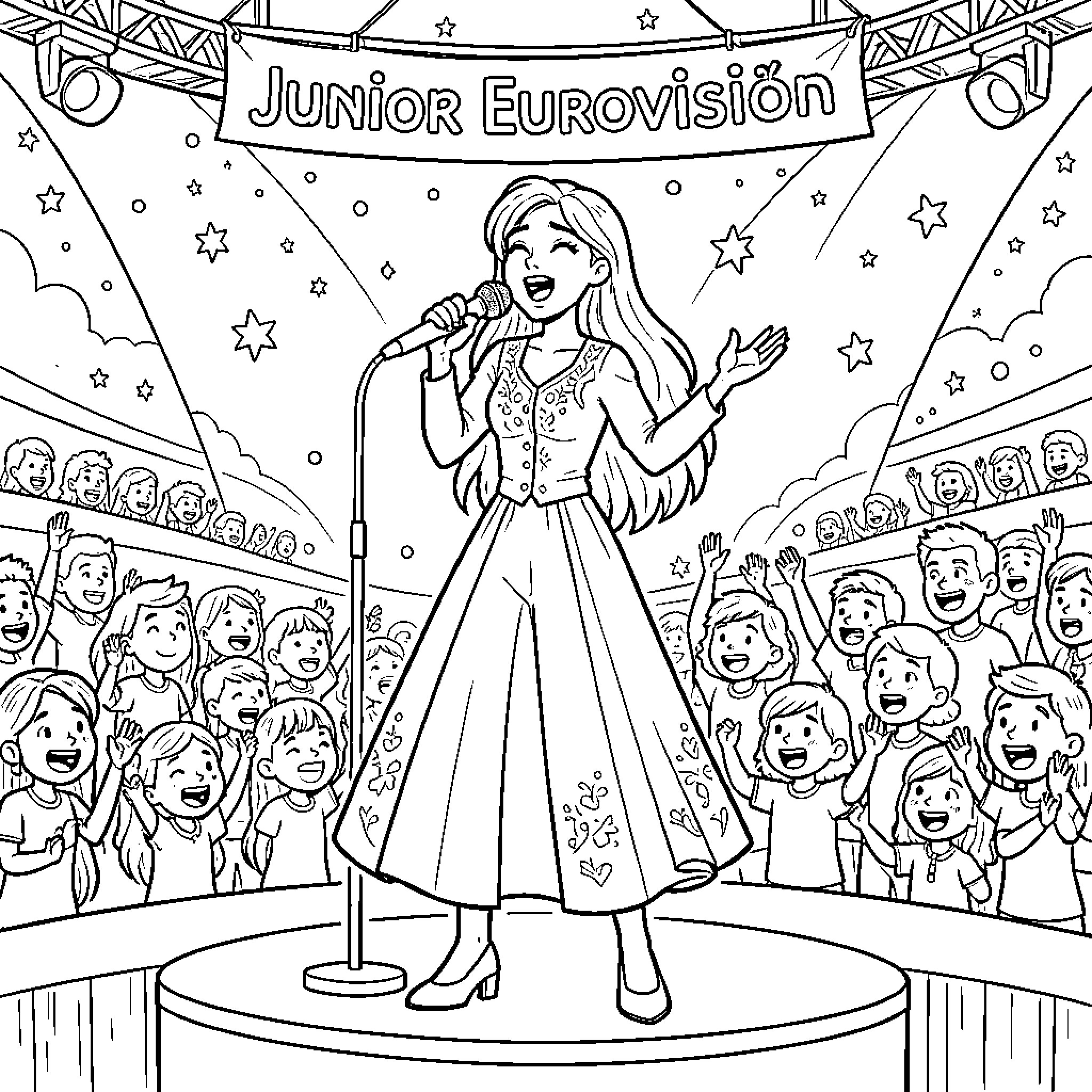 Freya Skye singing passionately on a concert stage Coloring Page (free black-and-white line drawing printable PDF for all, from beginners to advanced learners, including children, teens, adults, and seniors)