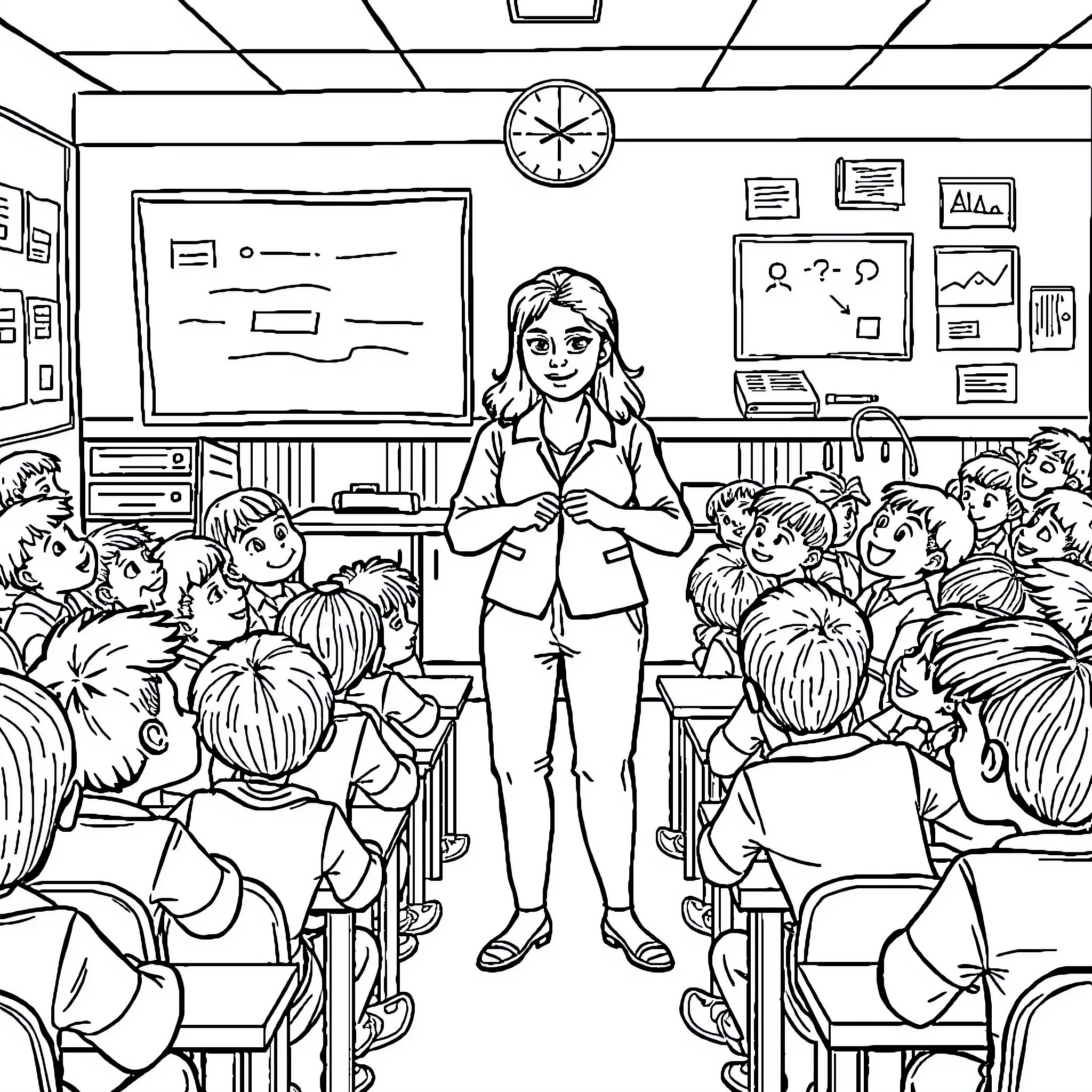 Teacher Instructing Attentive Students in Classroom Coloring Page (free black-and-white line drawing printable PDF for all, from beginners to advanced learners, including children, teens, adults, and seniors)