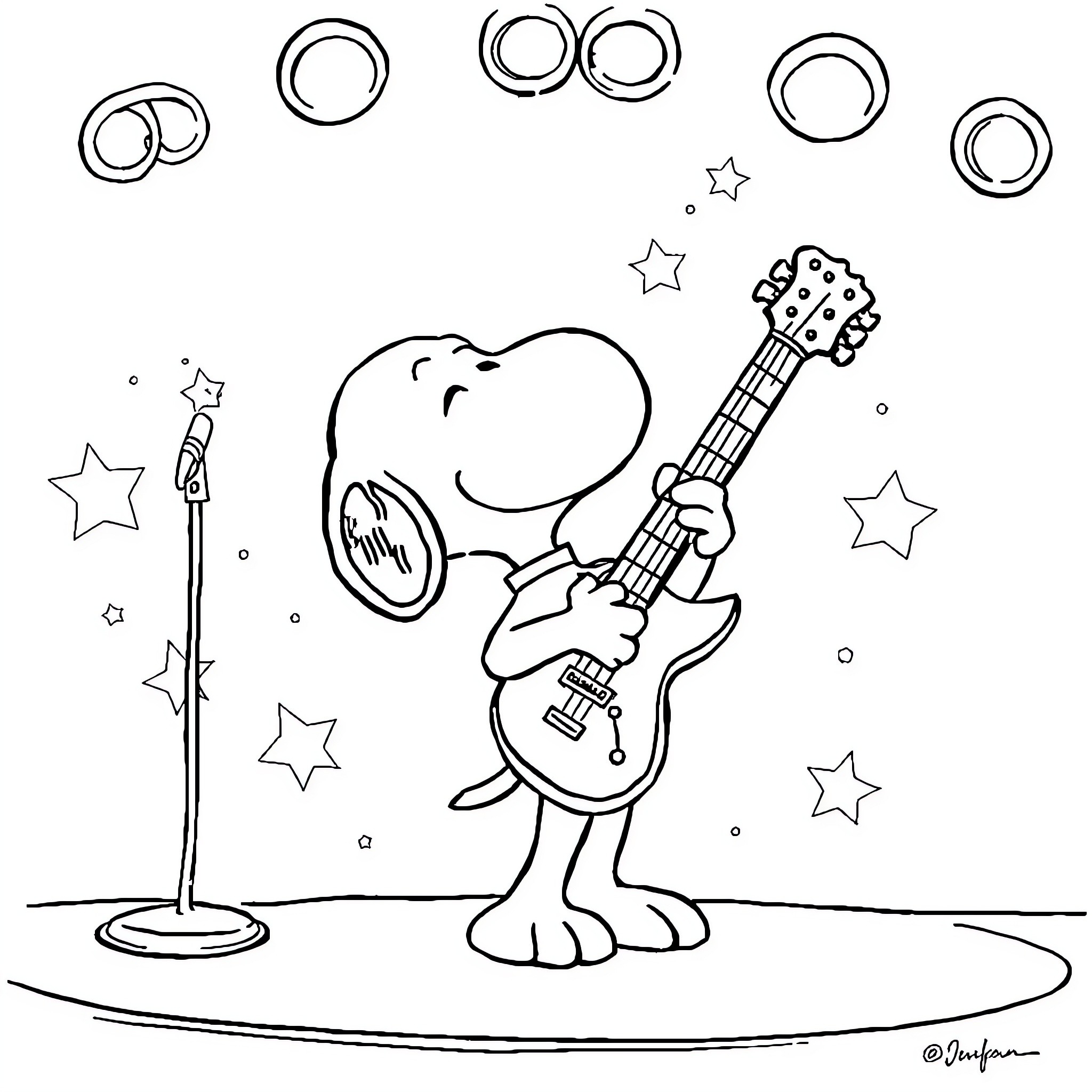 Snoopy playing guitar and singing under the stars Coloring Page (free black-and-white line drawing printable PDF for all, from beginners to advanced learners, including children, teens, adults, and seniors)