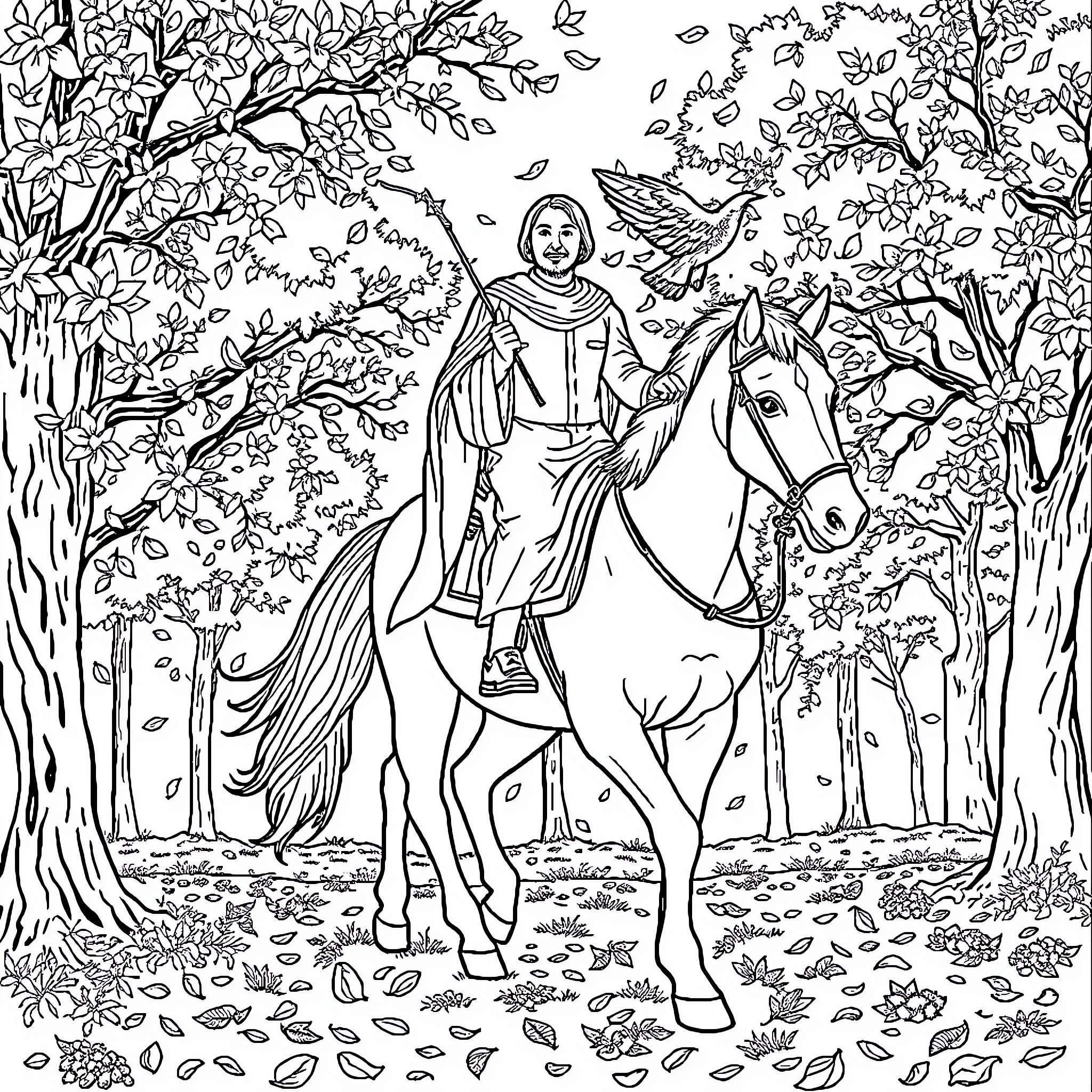 Saint Martin riding a horse through a forest Coloring Page (free black-and-white line drawing printable PDF for all, from beginners to advanced learners, including children, teens, adults, and seniors)