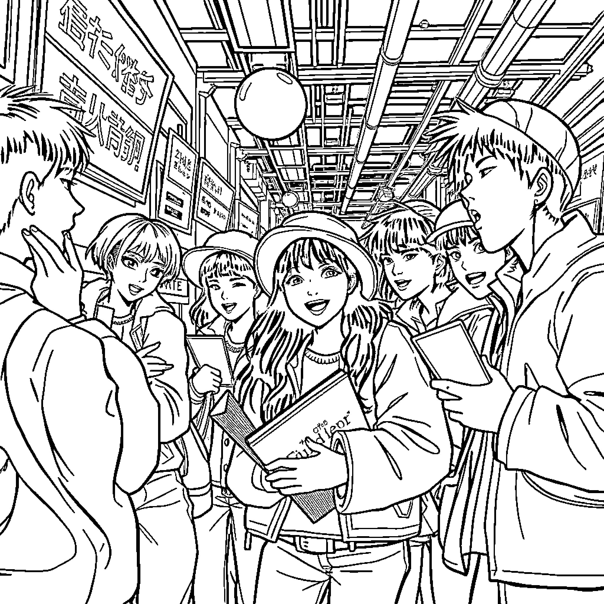 K-pop Hunter: Idol Fandom Gathering in Vibrant Cityscape Coloring Page (free black-and-white line drawing printable PDF for all, from beginners to advanced learners, including children, teens, adults, and seniors)