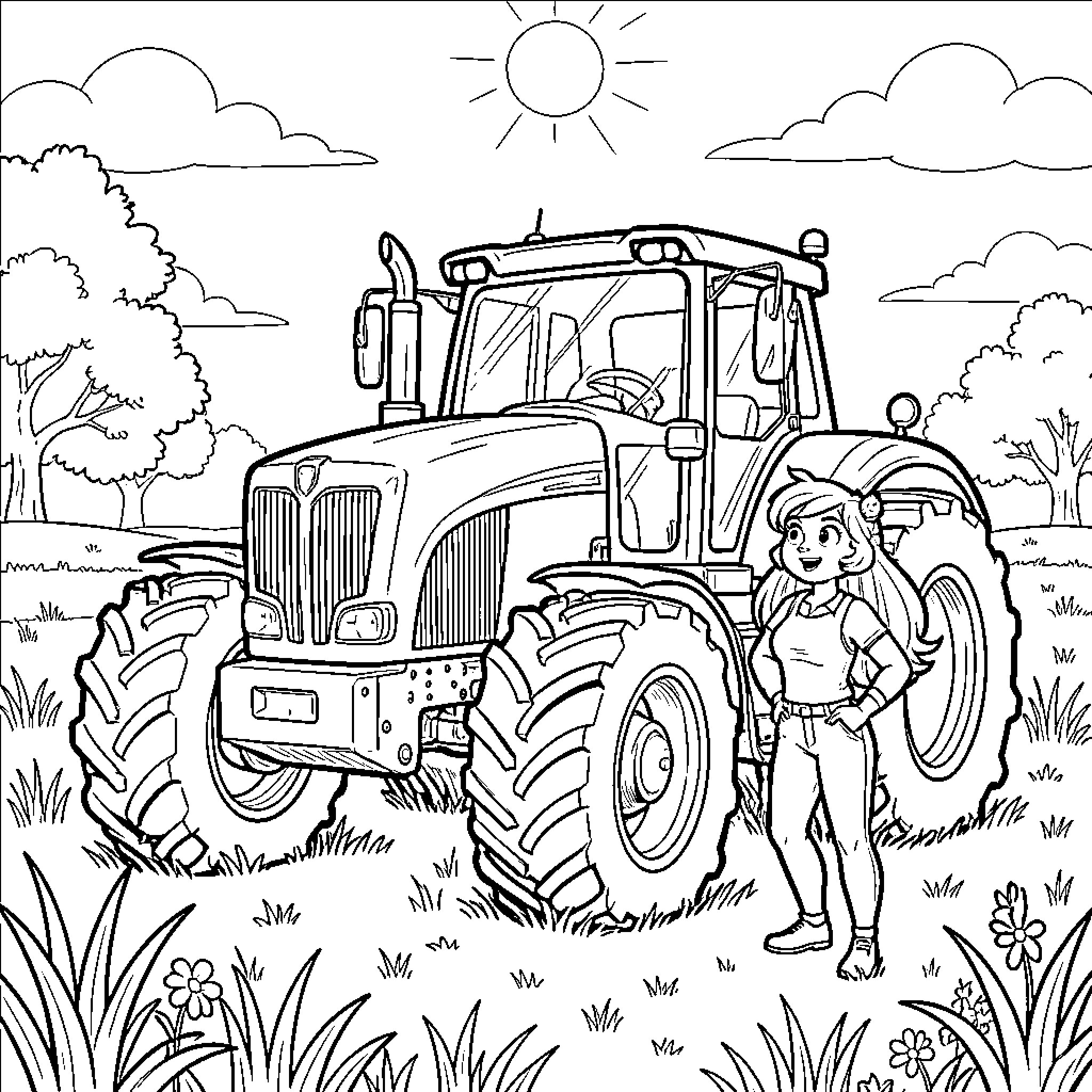 Flash Mac girl standing proudly next to a tractor Coloring Page (free black-and-white line drawing printable PDF for all, from beginners to advanced learners, including children, teens, adults, and seniors)