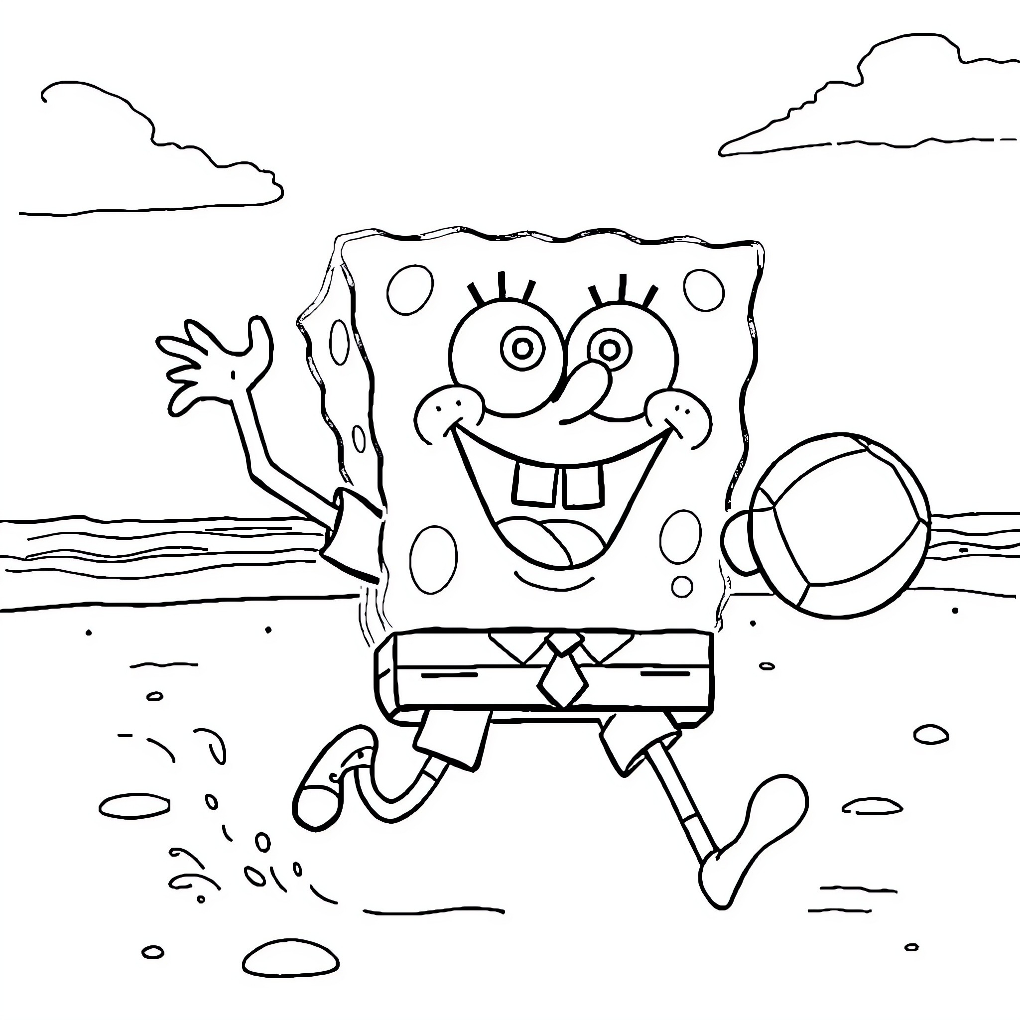 Spongebob jumping happily on the beach Coloring Page (free black-and-white line drawing printable PDF for all, from beginners to advanced learners, including children, teens, adults, and seniors)