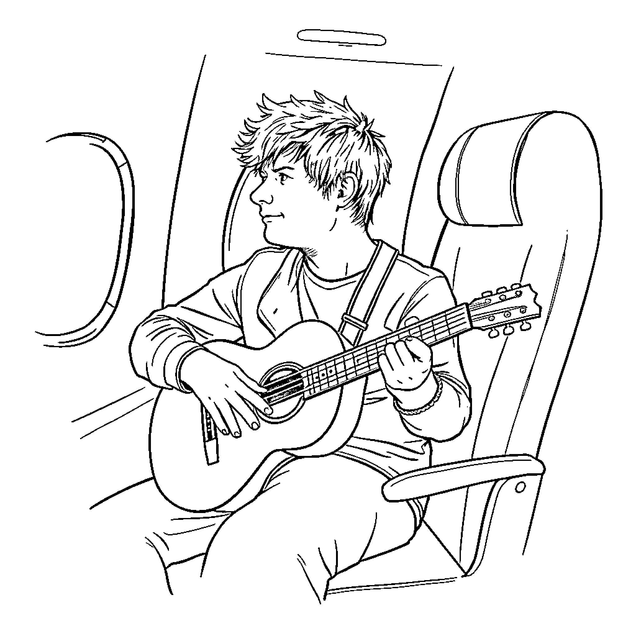 Ed Sheeran playing guitar on a train Coloring Page (free black-and-white line drawing printable PDF for all, from beginners to advanced learners, including children, teens, adults, and seniors)