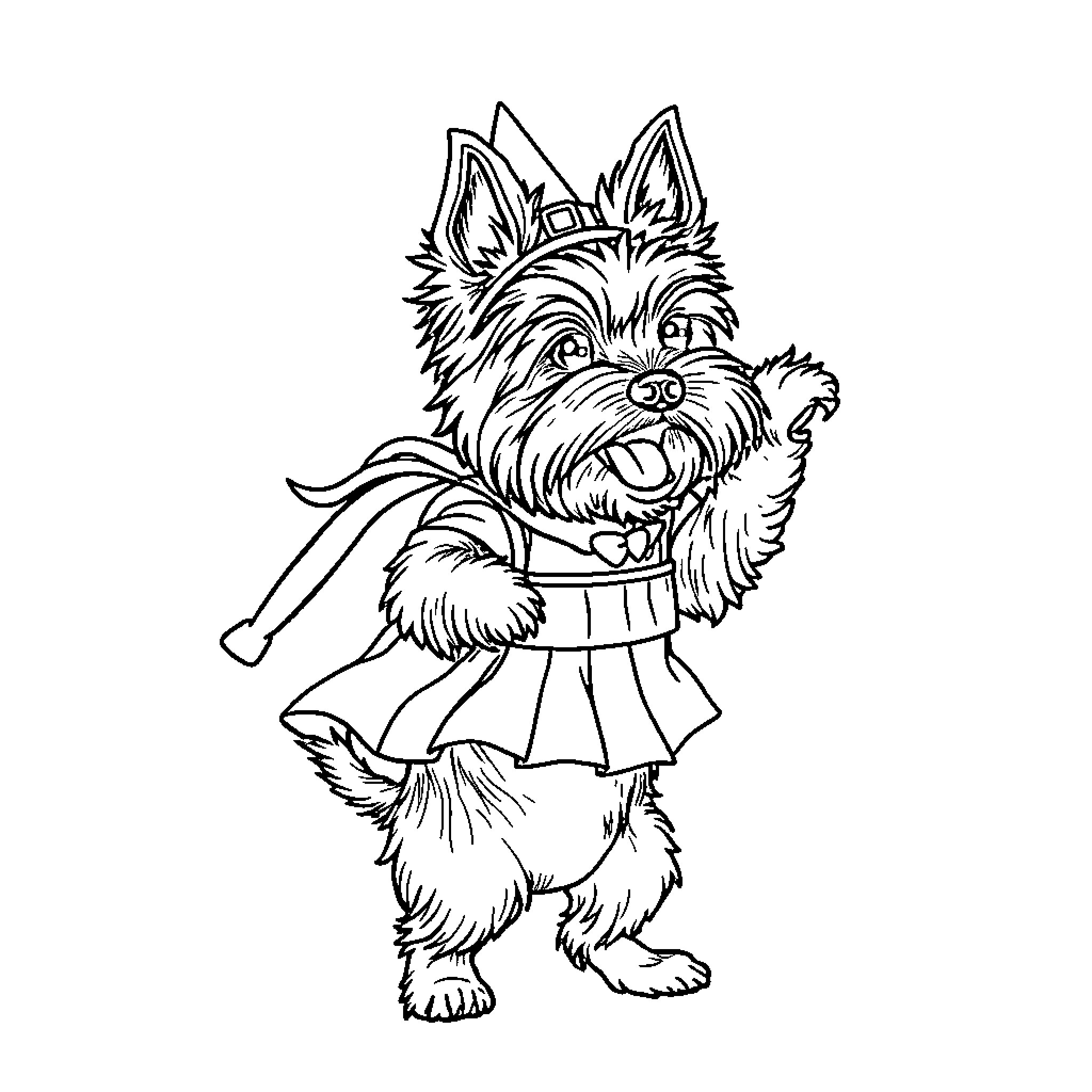 Yorkshire Terrier wearing a dress and carrying a bone Coloring Page (free black-and-white line drawing printable PDF for all, from beginners to advanced learners, including children, teens, adults, and seniors)