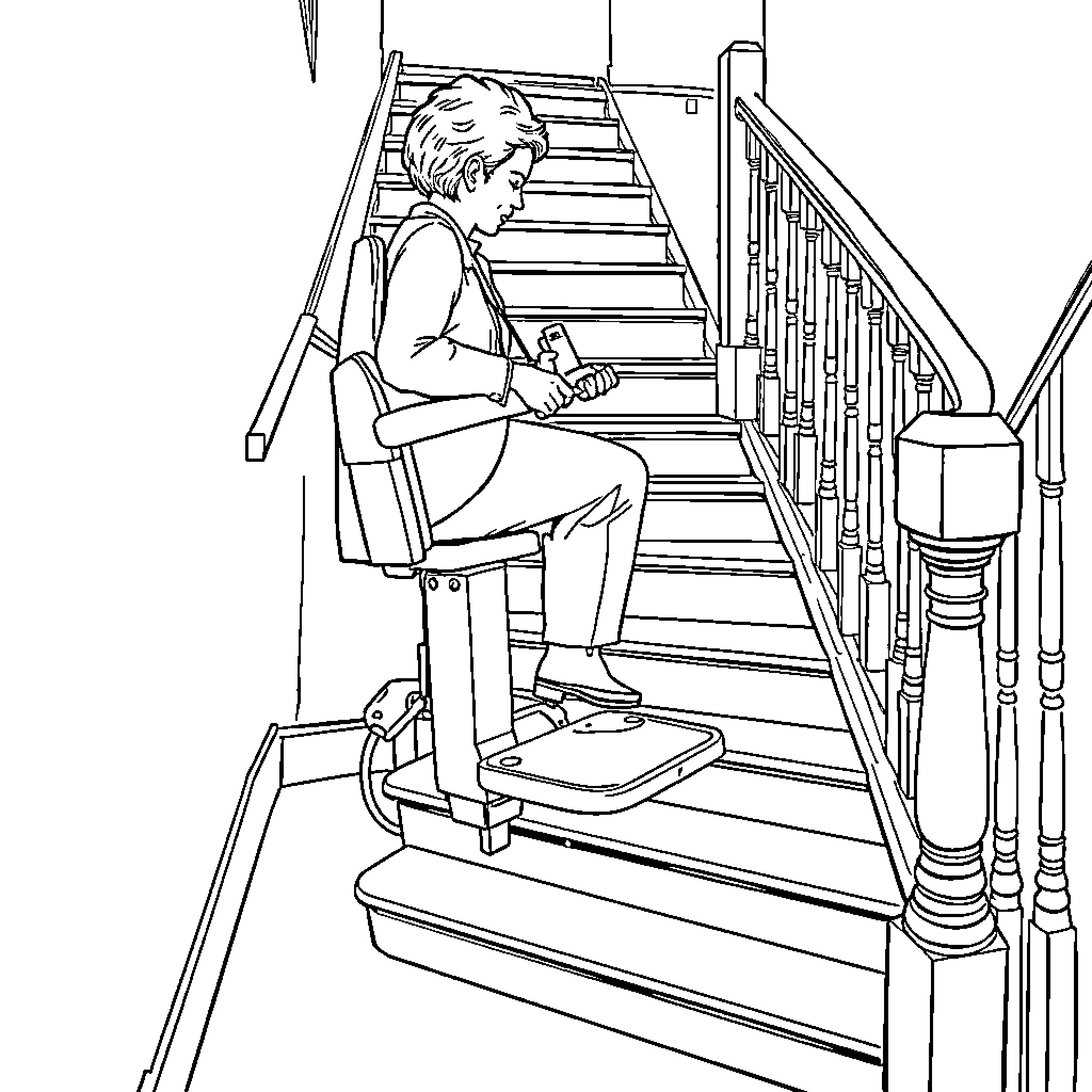 Stairlift assisting person on stairs Coloring Page (free black-and-white line drawing printable PDF for all, from beginners to advanced learners, including children, teens, adults, and seniors)
