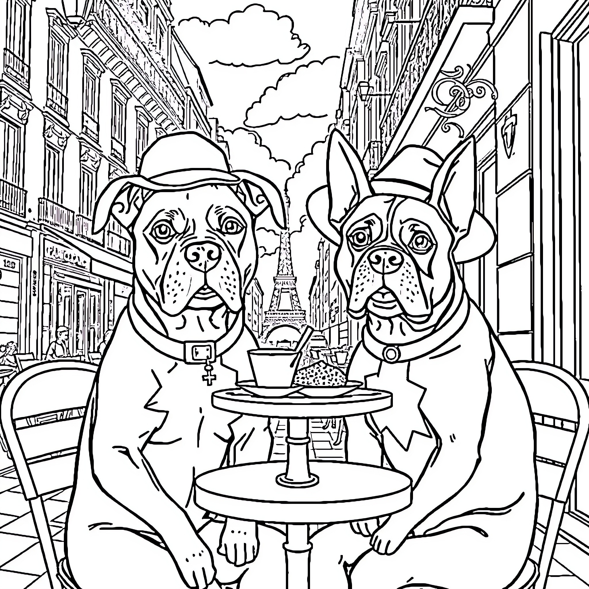 Dogs enjoying a cafe in Paris Coloring Page (free black-and-white line drawing printable PDF for all, from beginners to advanced learners, including children, teens, adults, and seniors)