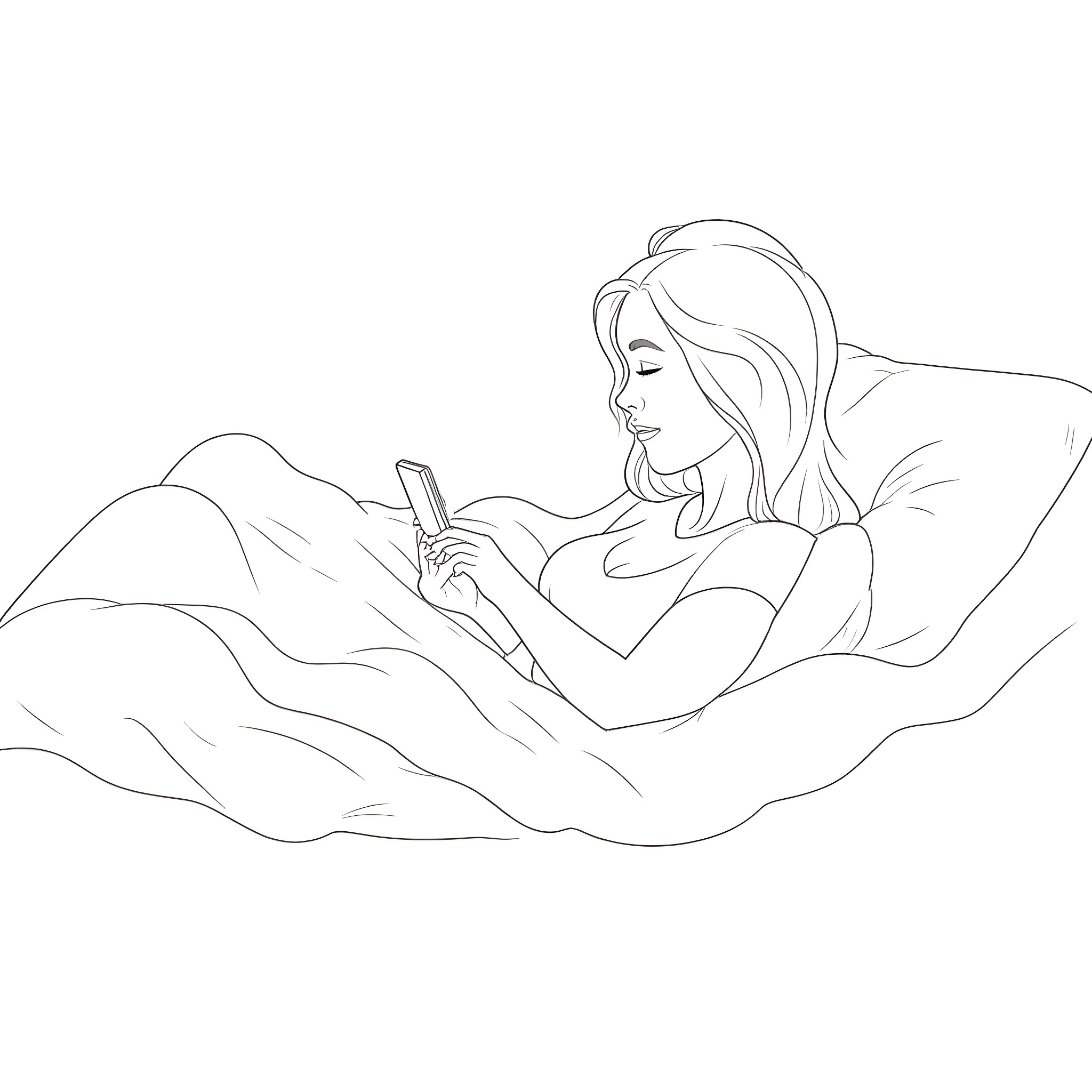Mother relaxing and reading on the bed Coloring Page (free black-and-white line drawing printable PDF for all, from beginners to advanced learners, including children, teens, adults, and seniors)