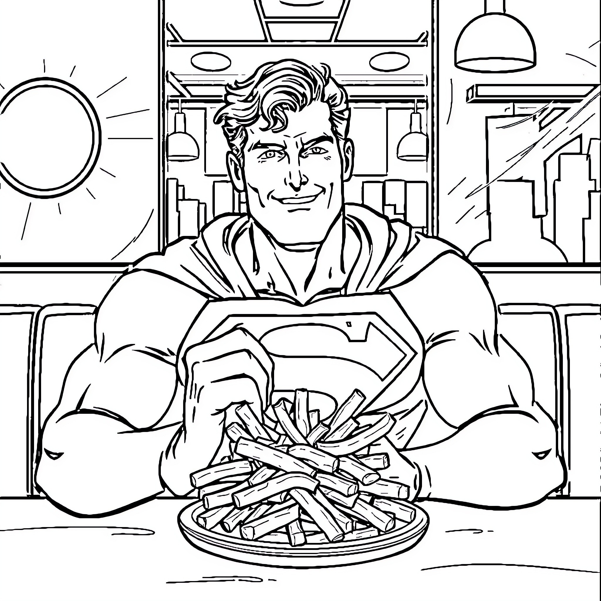 Superman enjoying a hearty meal in a diner Coloring Page (free black-and-white line drawing printable PDF for all, from beginners to advanced learners, including children, teens, adults, and seniors)