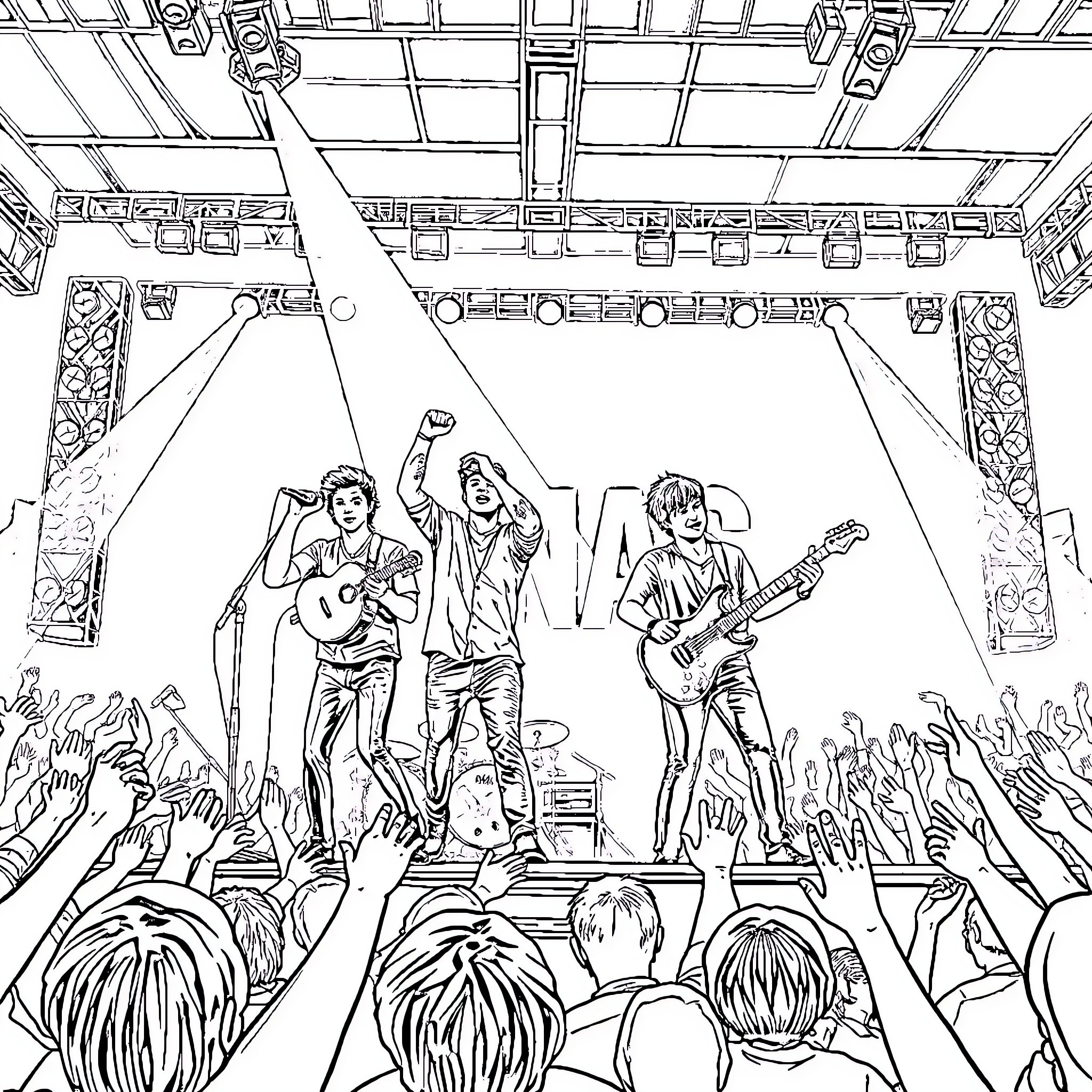 Jonas Brothers Performing on Stage with Energetic Crowd Coloring Page (free black-and-white line drawing printable PDF for all, from beginners to advanced learners, including children, teens, adults, and seniors)
