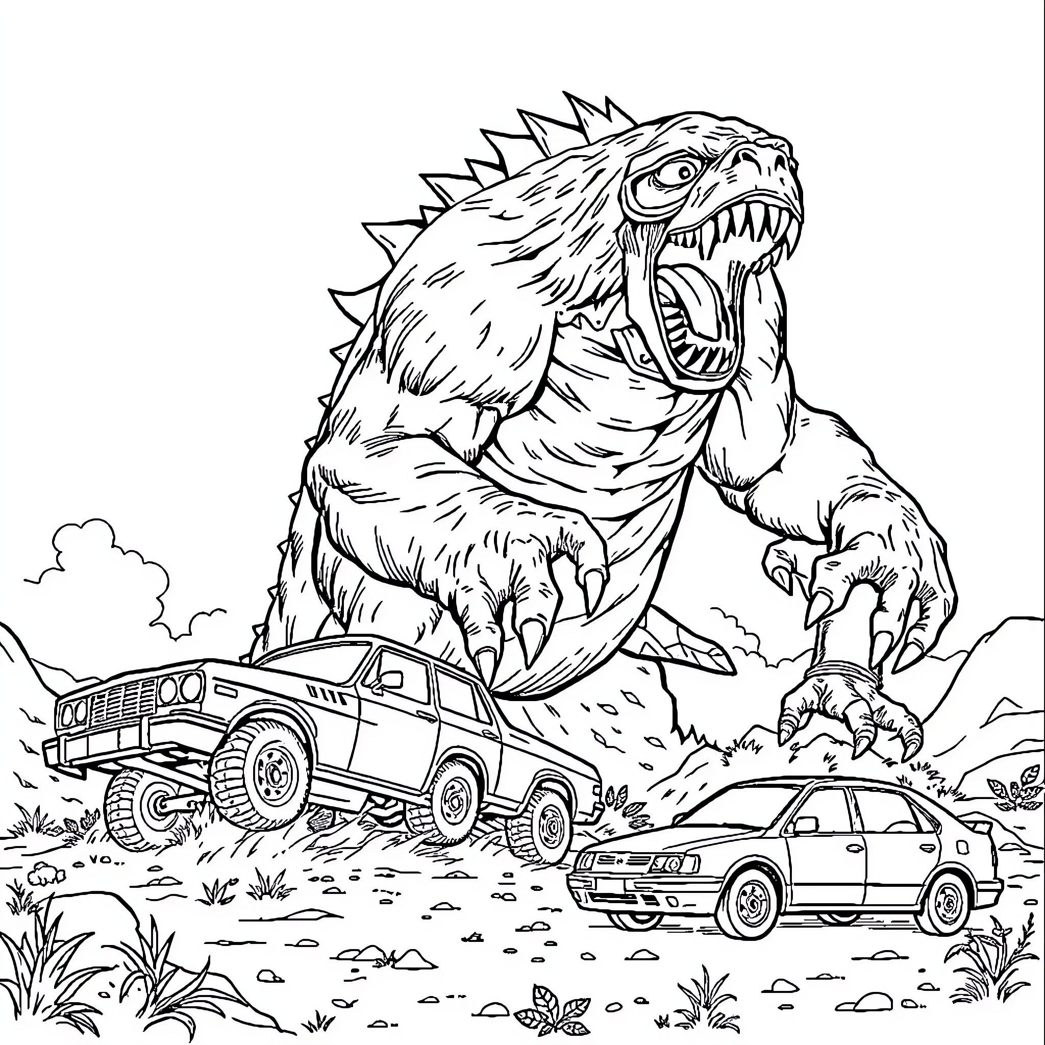 Monster Truck Crushing Cars in Wilderness Coloring Page (free black-and-white line drawing printable PDF for all, from beginners to advanced learners, including children, teens, adults, and seniors)
