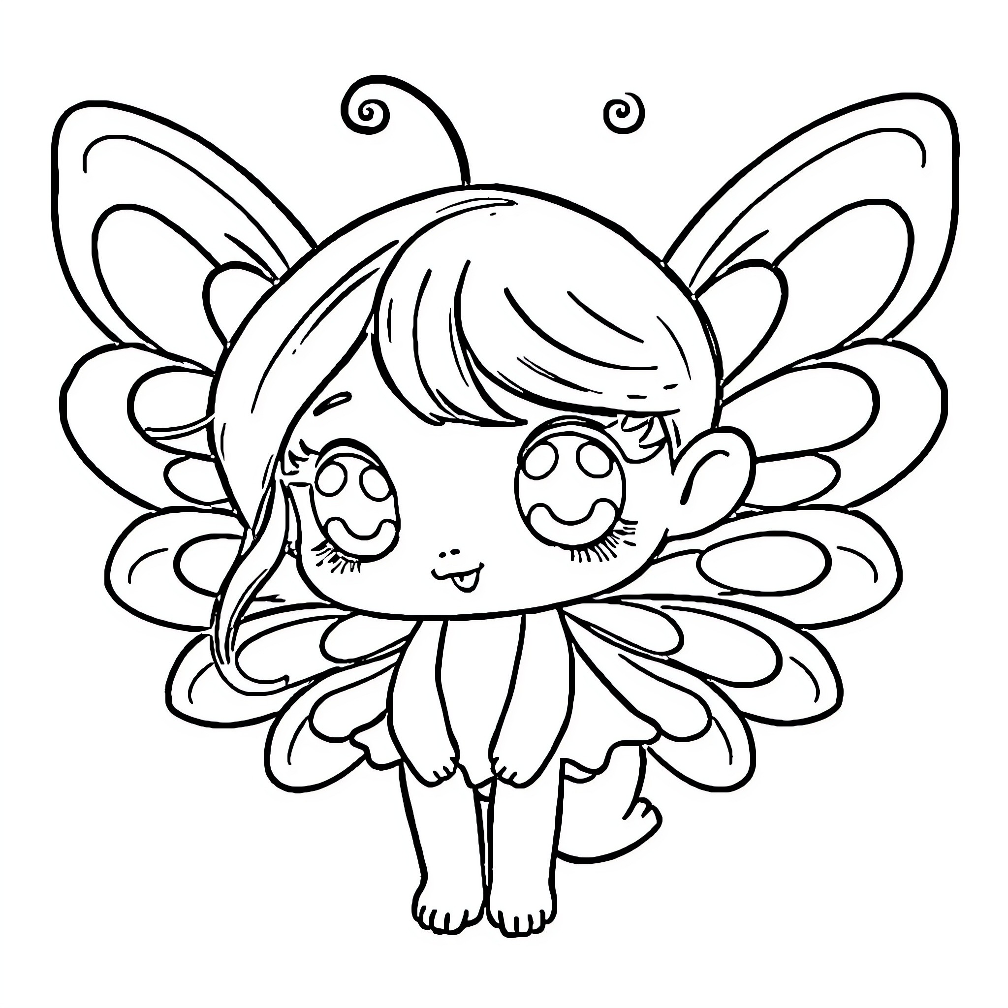 Fairy Creature Smiling Happily Coloring Page (free black-and-white line drawing printable PDF for all, from beginners to advanced learners, including children, teens, adults, and seniors)