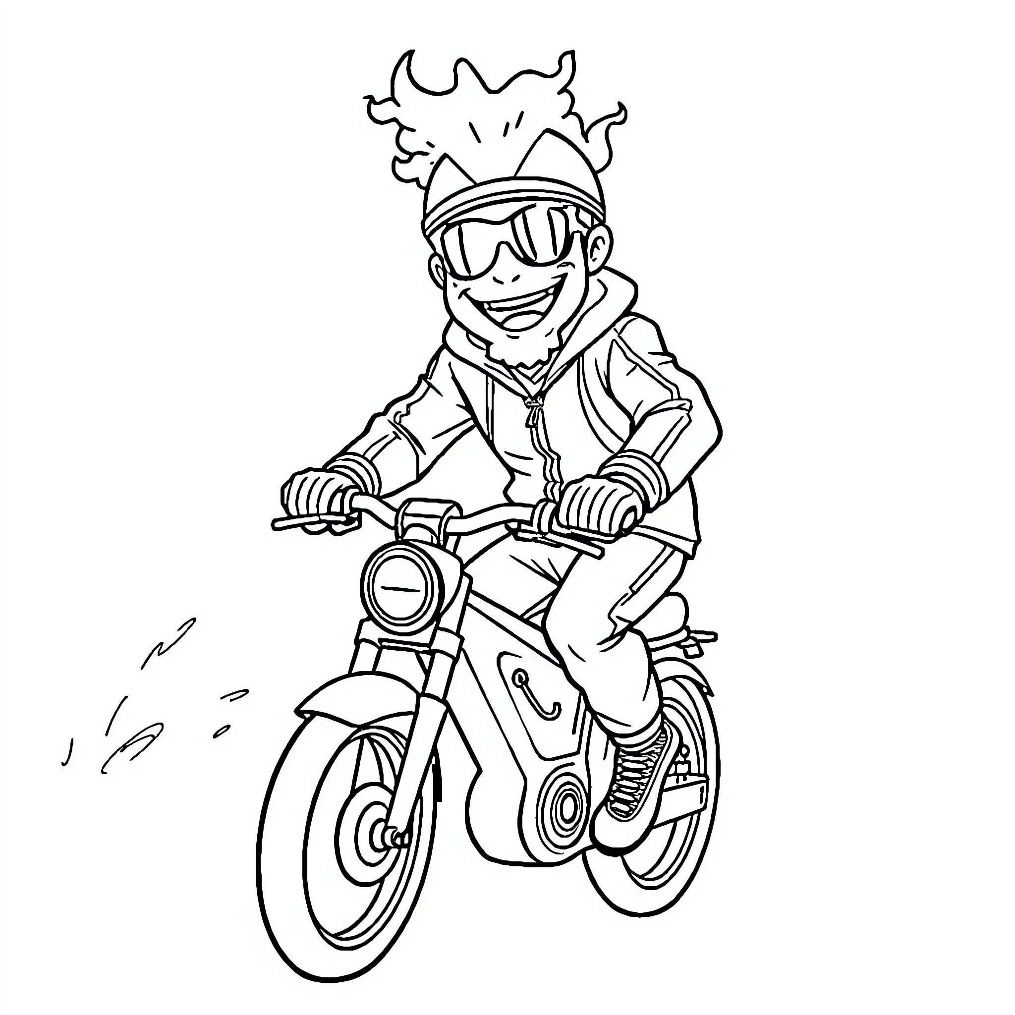 Capitaine Flam riding a motorcycle with enthusiasm Coloring Page (free black-and-white line drawing printable PDF for all, from beginners to advanced learners, including children, teens, adults, and seniors)