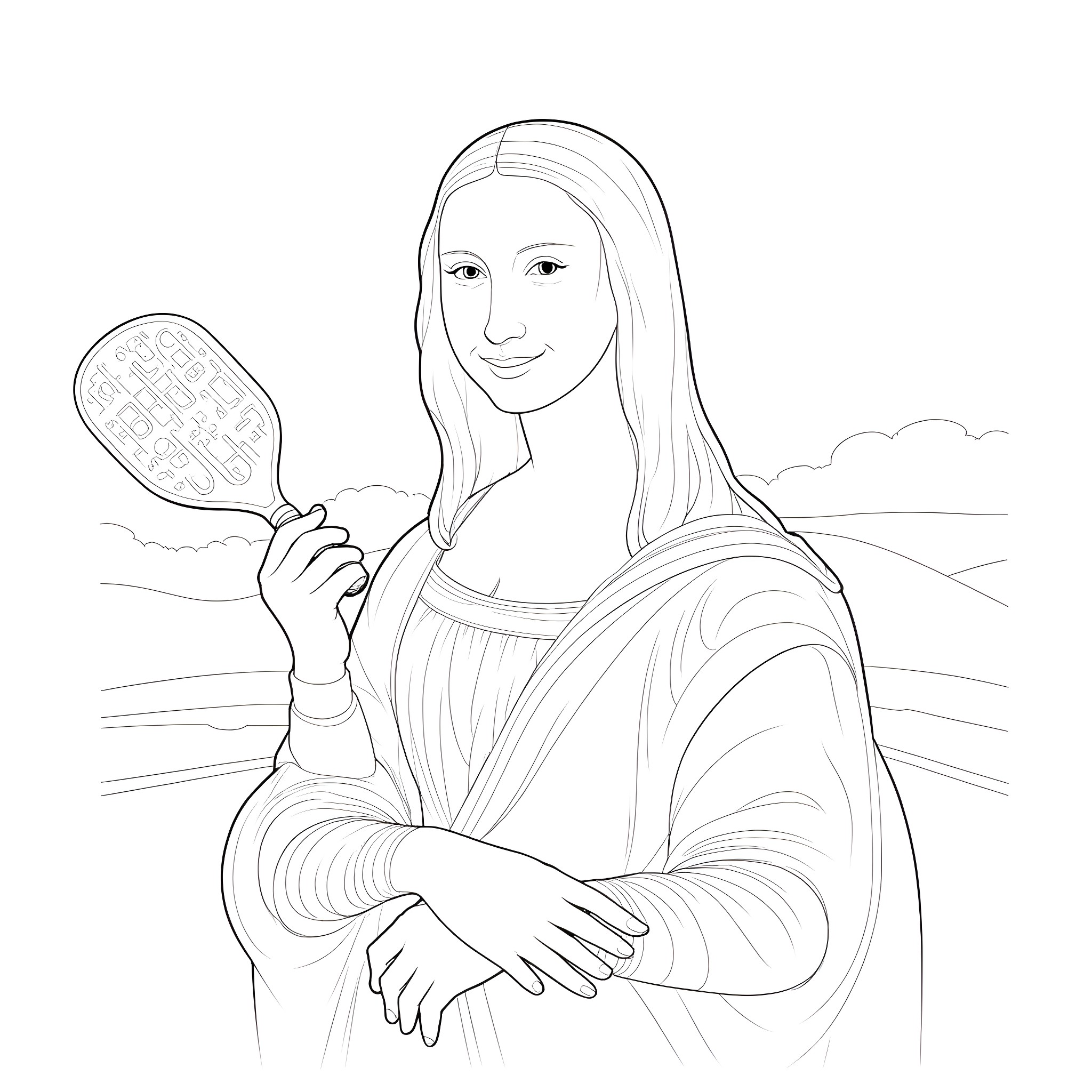 Mona Lisa contemplating a message on her hand-held device Coloring Page (free black-and-white line drawing printable PDF for all, from beginners to advanced learners, including children, teens, adults, and seniors)