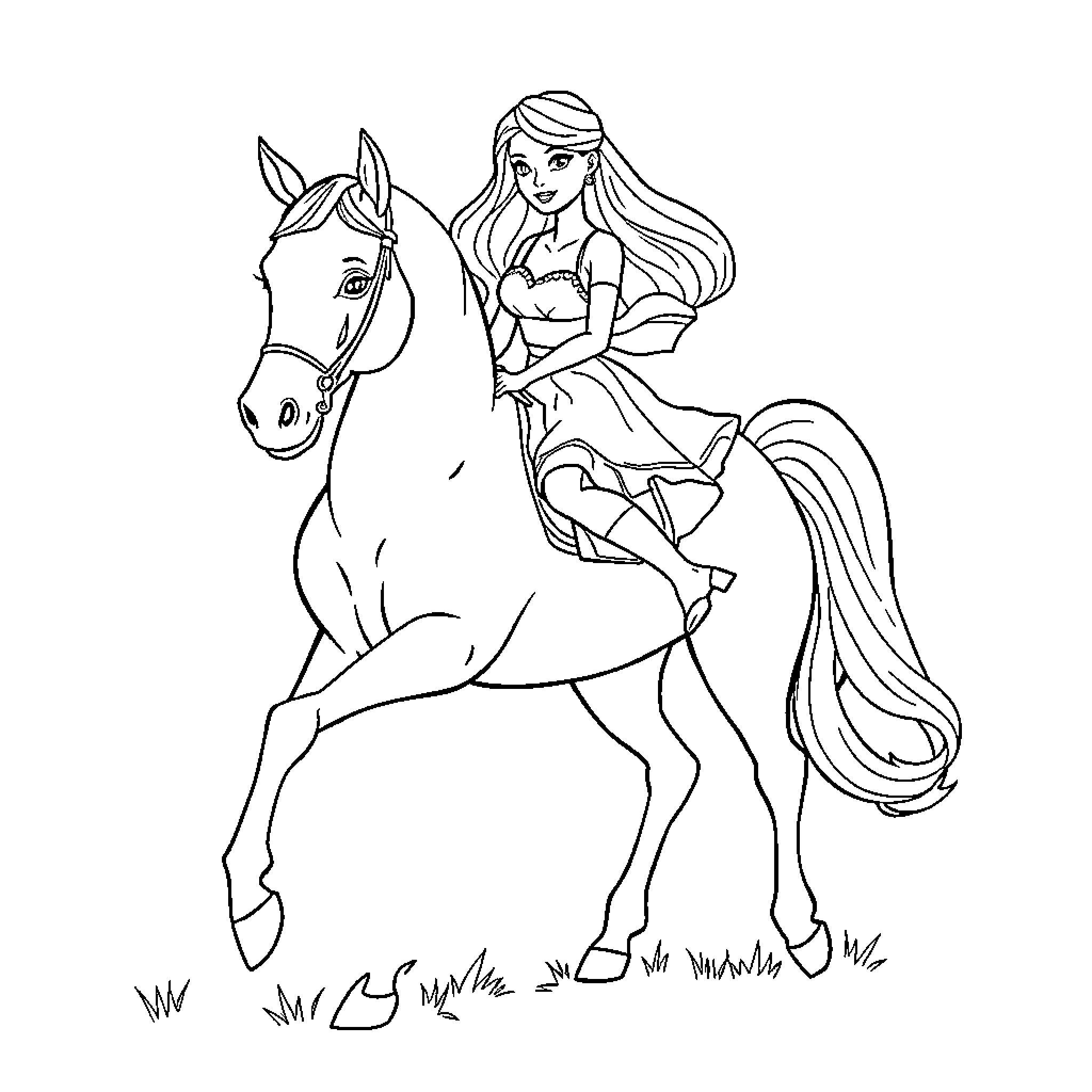 Barbie riding a playful horse in nature Coloring Page (free black-and-white line drawing printable PDF for all, from beginners to advanced learners, including children, teens, adults, and seniors)