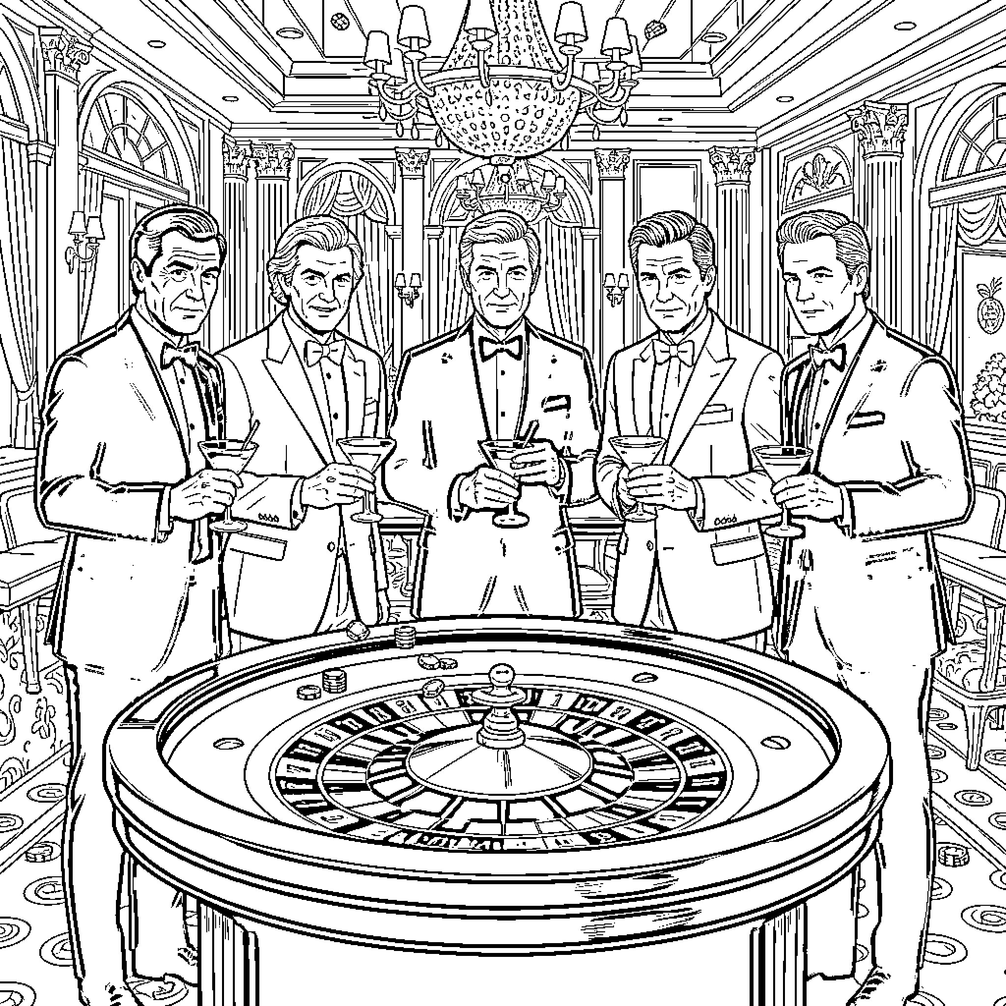 James Bond and gentlemen enjoying drinks at a roulette table Coloring Page (free black-and-white line drawing printable PDF for all, from beginners to advanced learners, including children, teens, adults, and seniors)