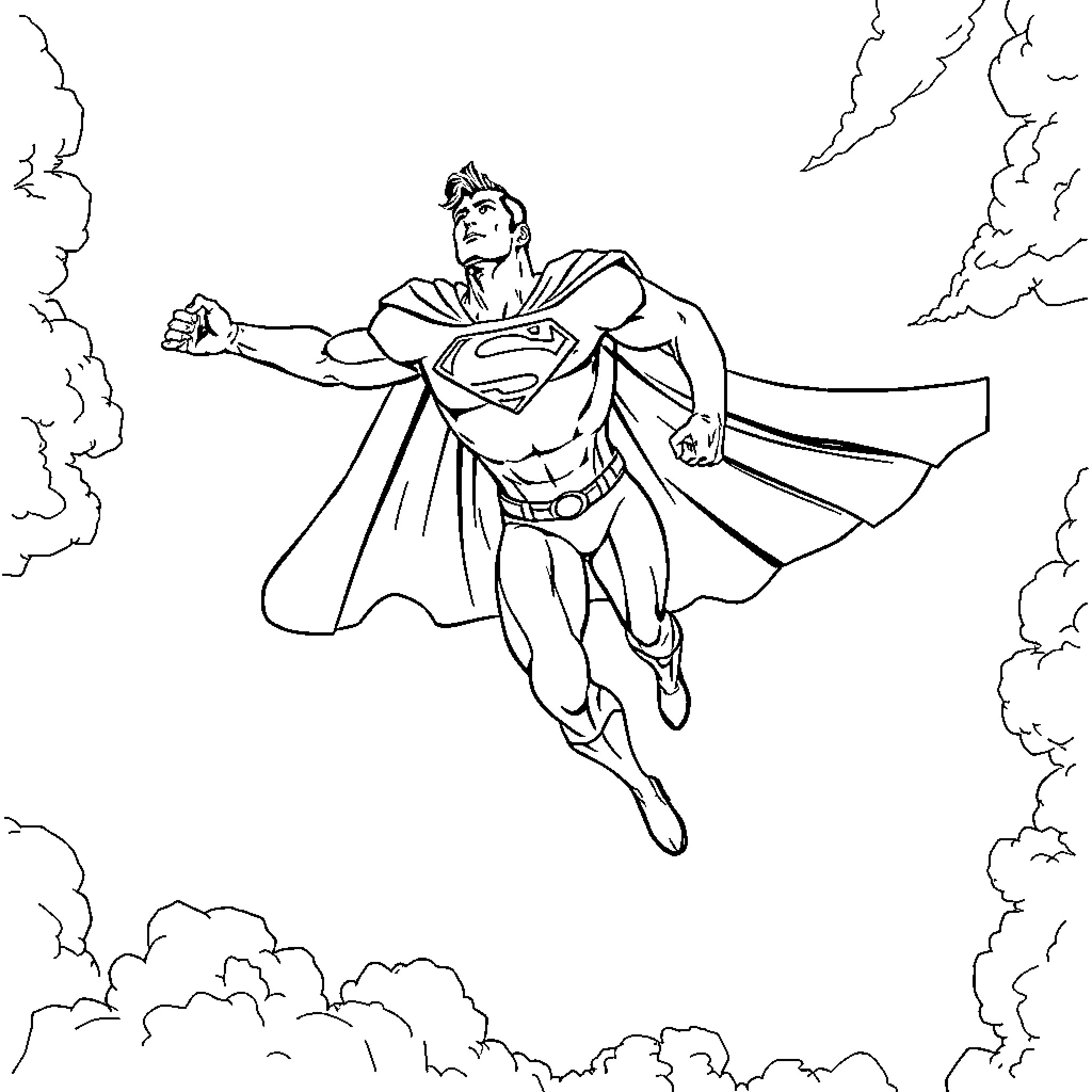 Superman taking flight through the sky Coloring Page (free black-and-white line drawing printable PDF for all, from beginners to advanced learners, including children, teens, adults, and seniors)