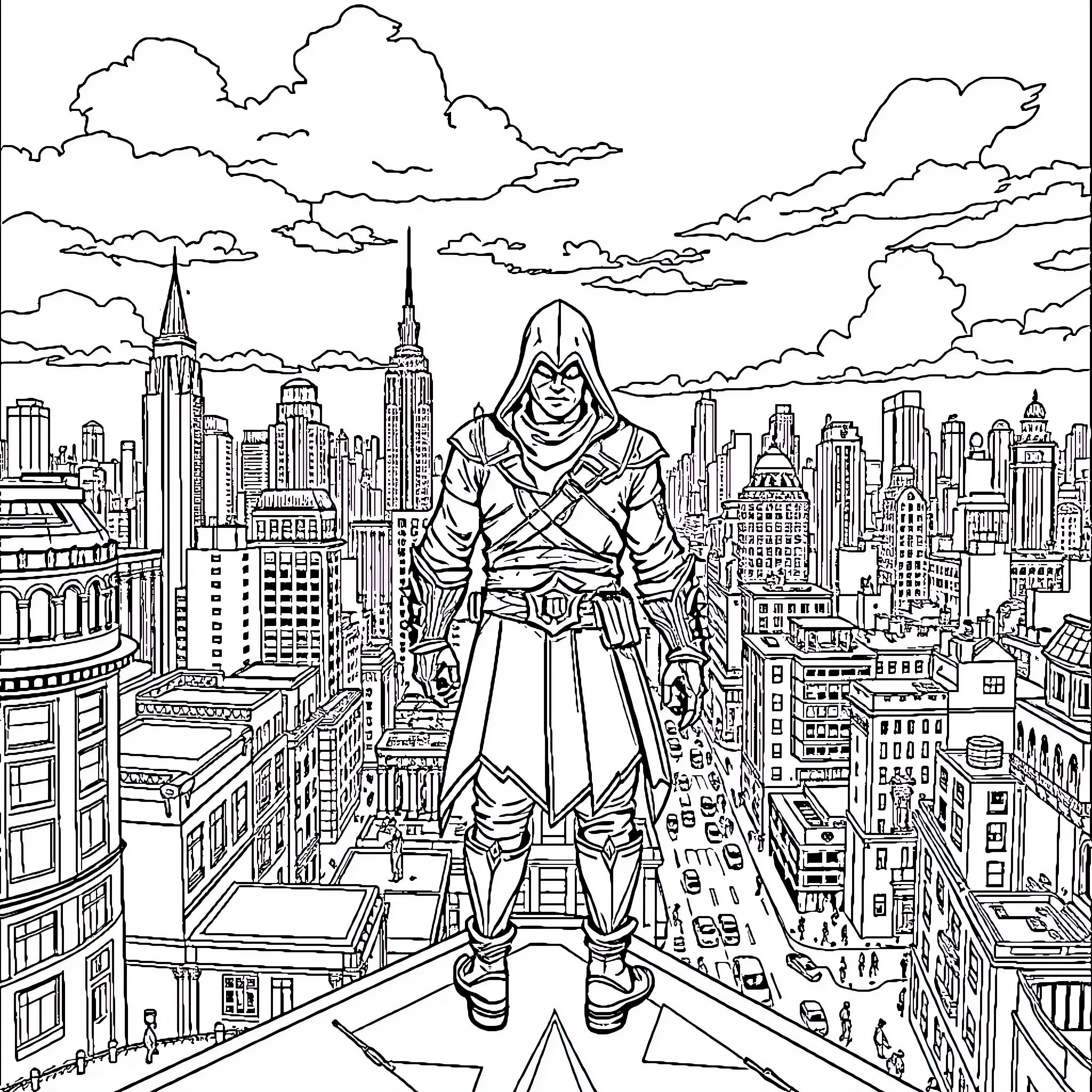 Assassin Surveying the Cityscape from Above Coloring Page (free black-and-white line drawing printable PDF for all, from beginners to advanced learners, including children, teens, adults, and seniors)