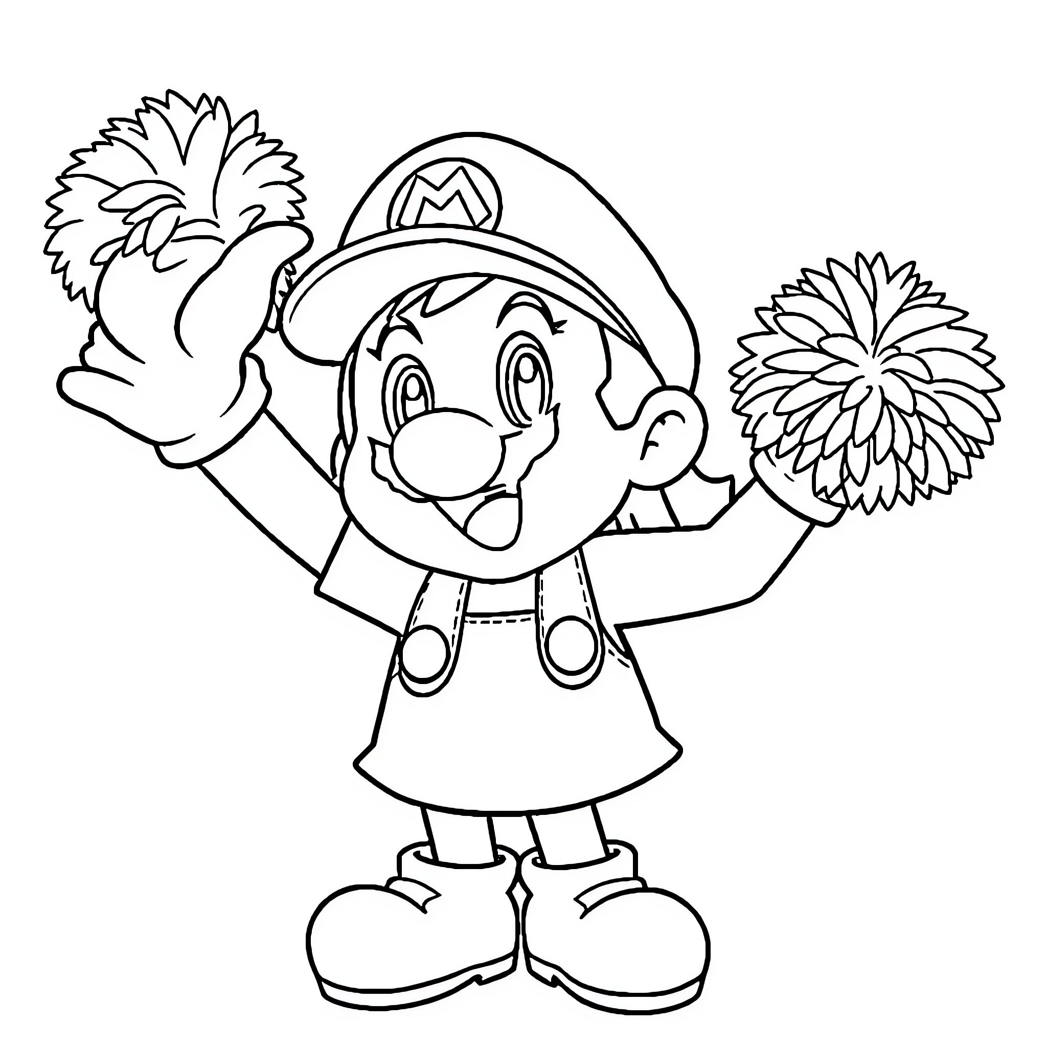 Mario cheerfully waving with pom-poms Coloring Page (free black-and-white line drawing printable PDF for all, from beginners to advanced learners, including children, teens, adults, and seniors)