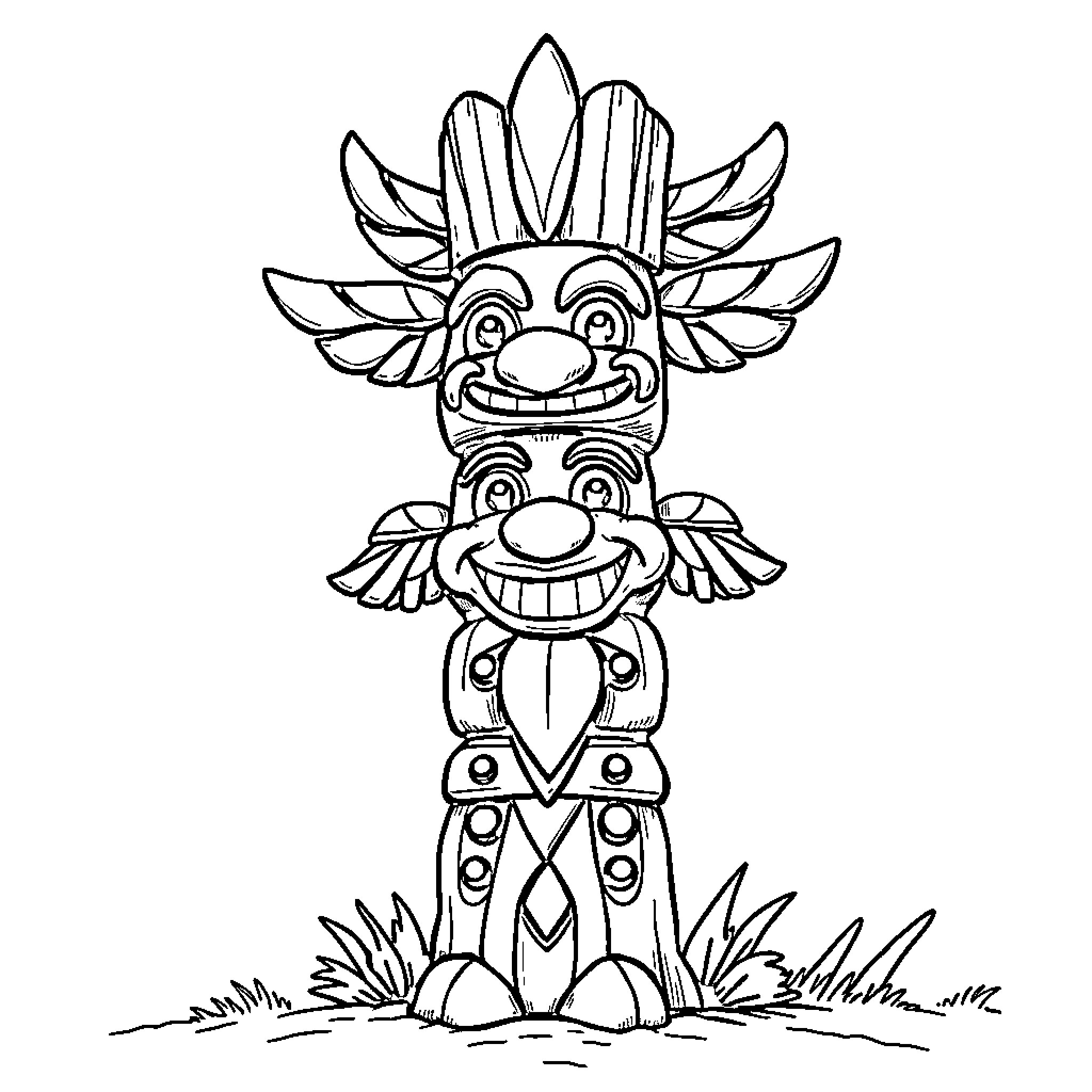 Totem of joyful tribal figures Coloring Page (free black-and-white line drawing printable PDF for all, from beginners to advanced learners, including children, teens, adults, and seniors)