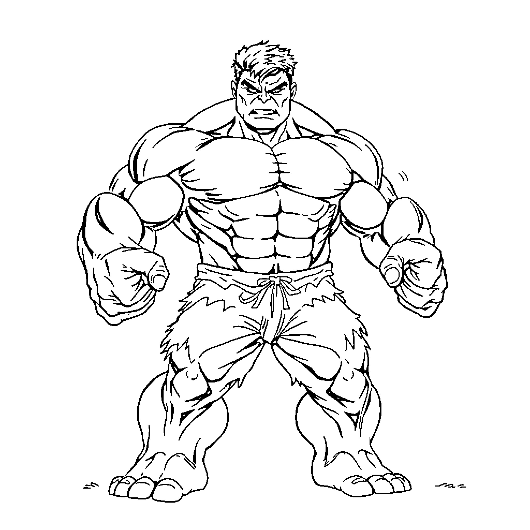 Hulk flexing muscles in fierce battle stance Coloring Page (free black-and-white line drawing printable PDF for all, from beginners to advanced learners, including children, teens, adults, and seniors)