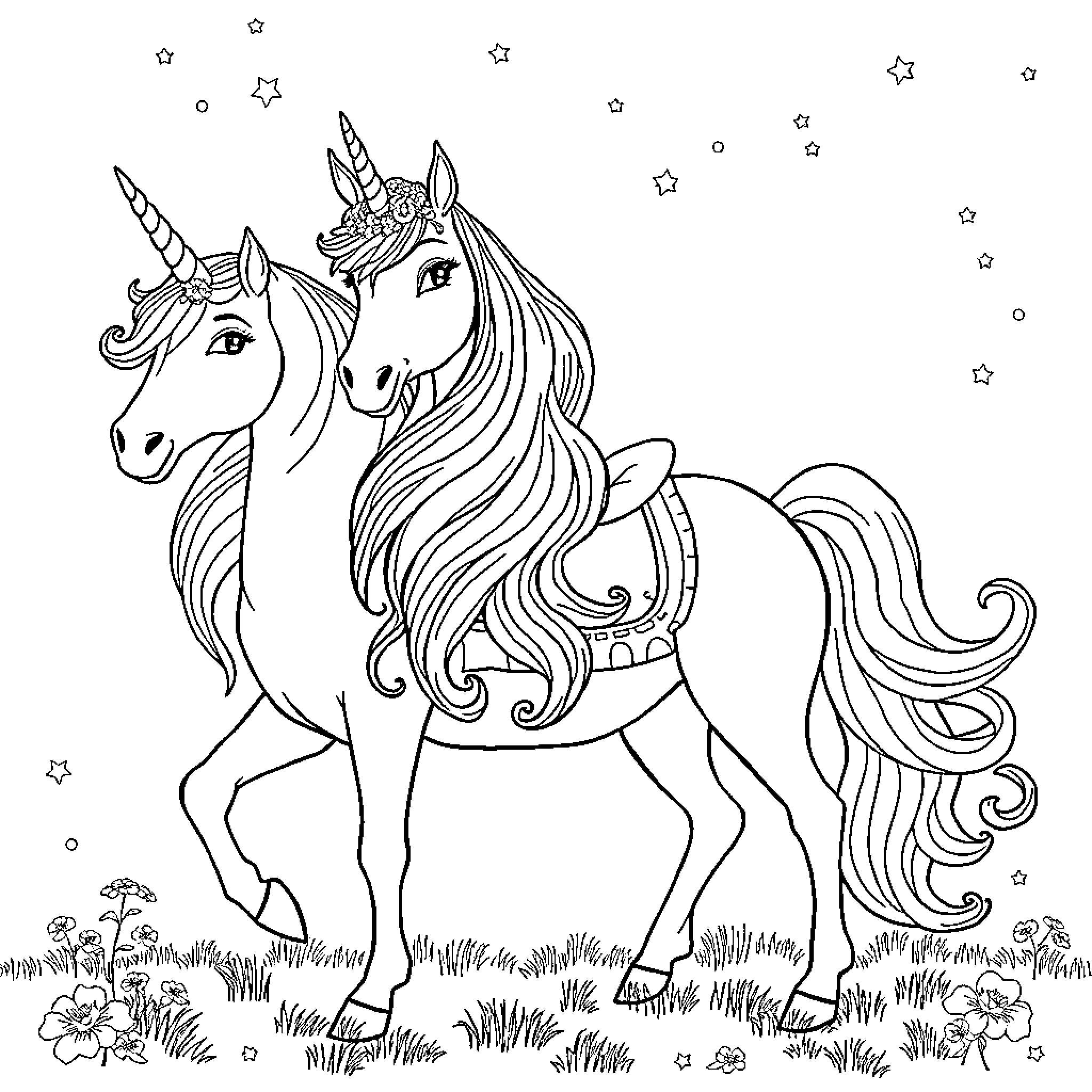 Princess Unicorns Exploring the Magical Forest Coloring Page (free black-and-white line drawing printable PDF for all, from beginners to advanced learners, including children, teens, adults, and seniors)