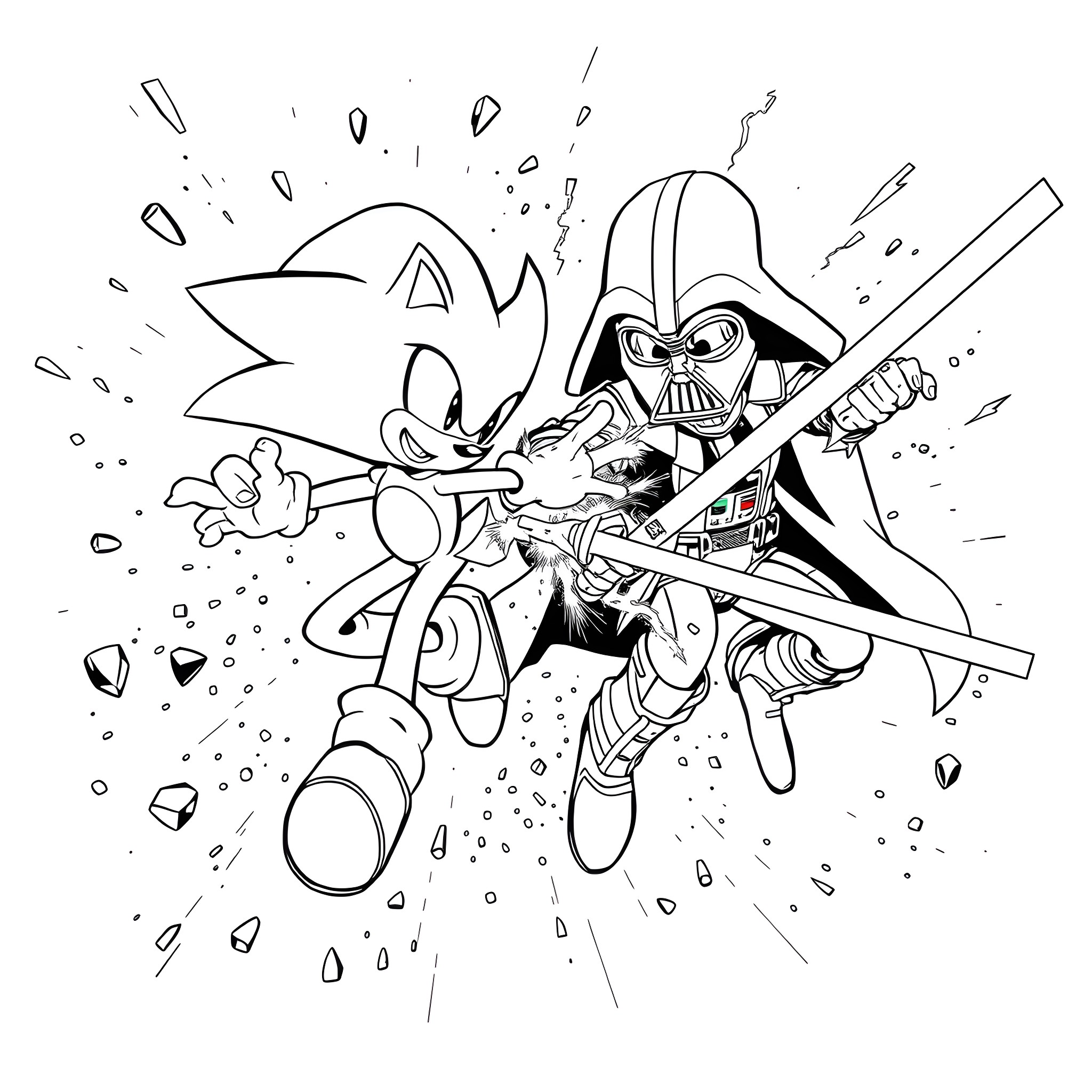Sonic fighting Darth Vader-like character in explosive scene Coloring Page (free black-and-white line drawing printable PDF for all, from beginners to advanced learners, including children, teens, adults, and seniors)