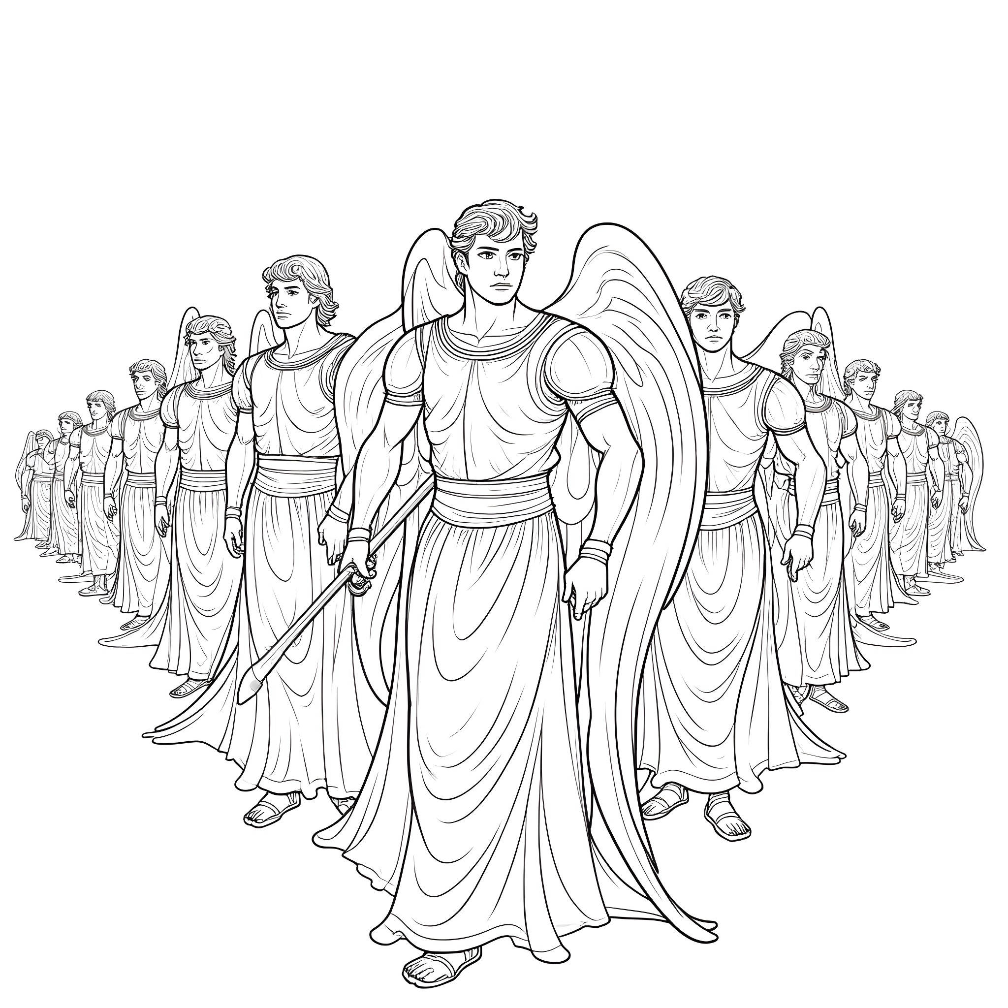 Angel warriors in majestic formation Coloring Page (free black-and-white line drawing printable PDF for all, from beginners to advanced learners, including children, teens, adults, and seniors)