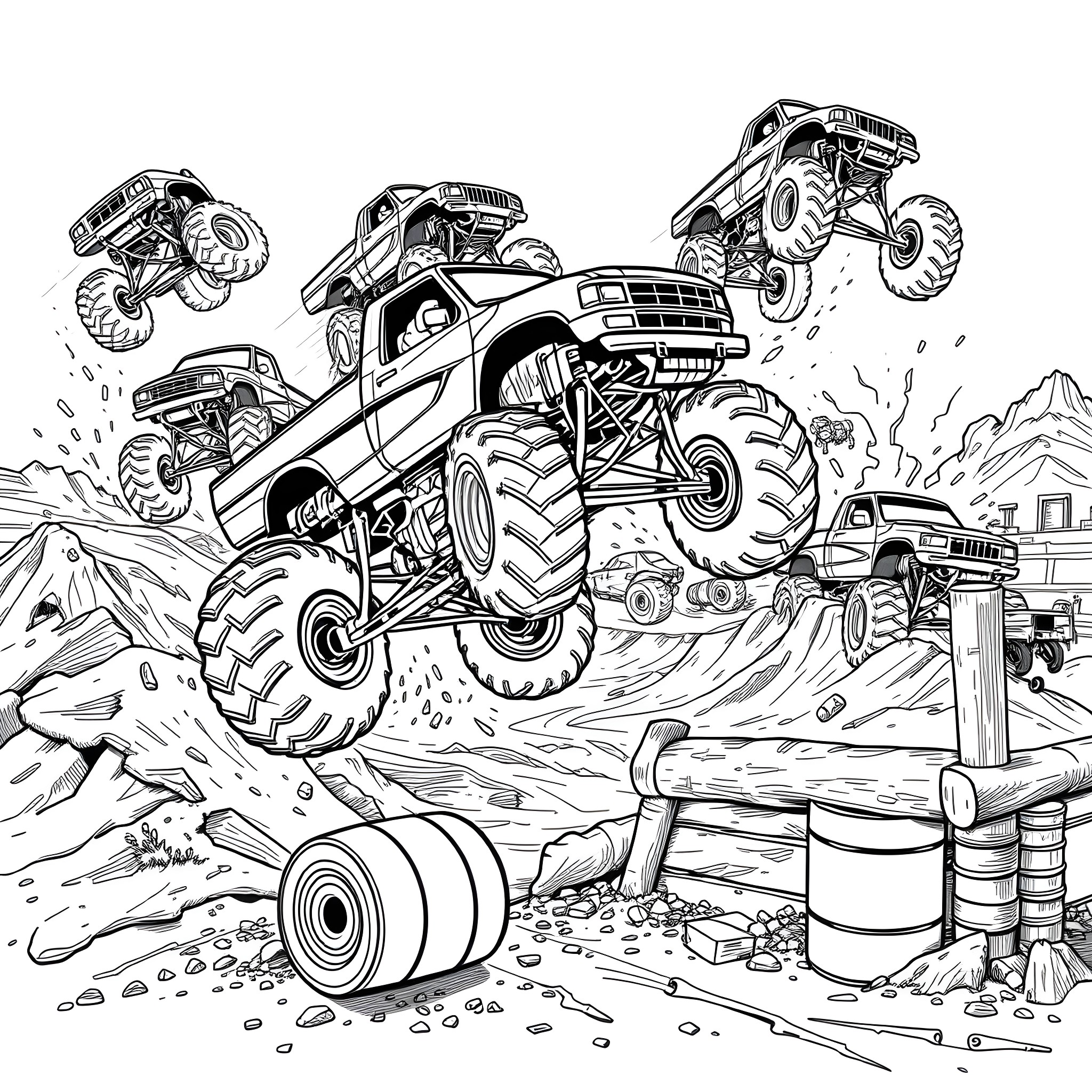 Monster Trucks in Extreme Off-Road Adventure Coloring Page (free black-and-white line drawing printable PDF for all, from beginners to advanced learners, including children, teens, adults, and seniors)