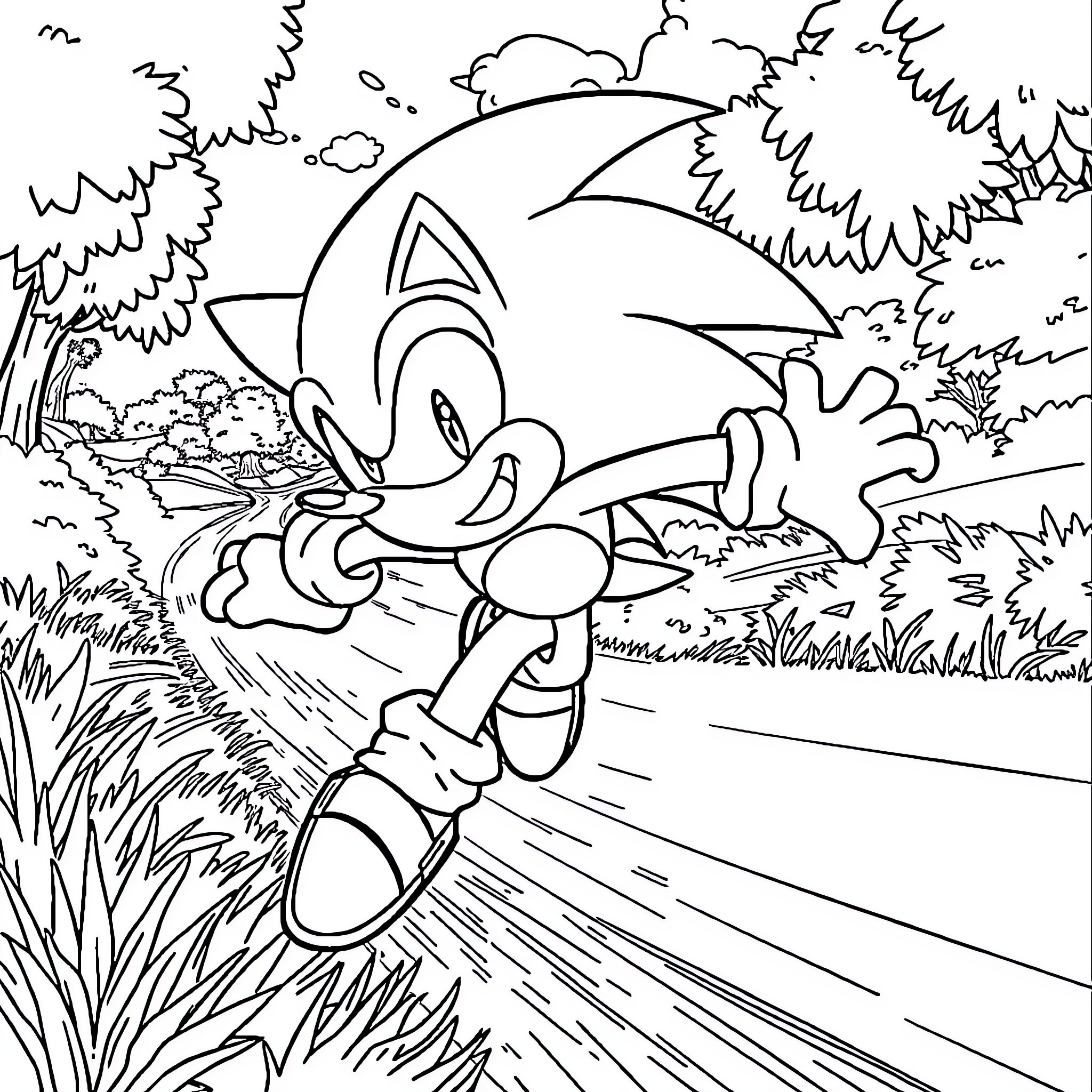 Sonic's Speedy Adventure in the Forest Coloring Page (free black-and-white line drawing printable PDF for all, from beginners to advanced learners, including children, teens, adults, and seniors)